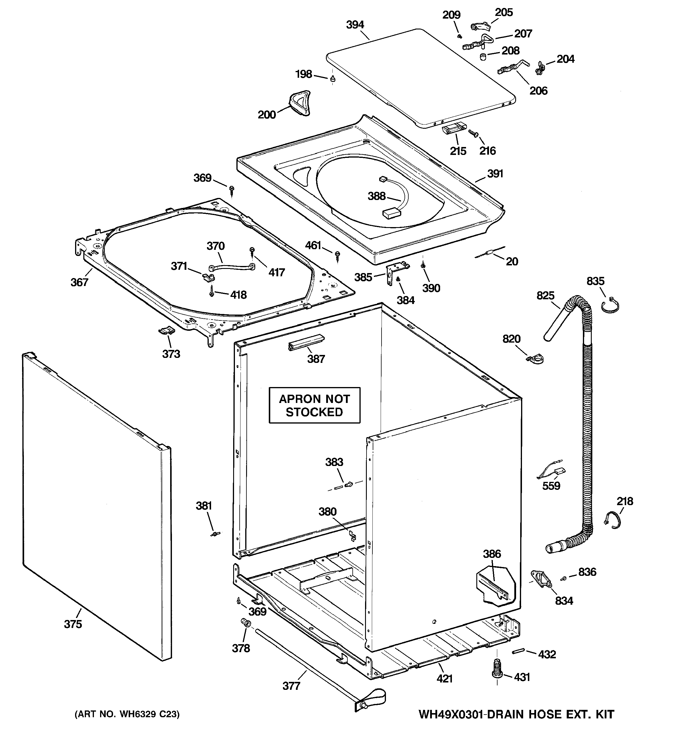 GE WBB4500G0WW cabinet, cover & front panel diagram