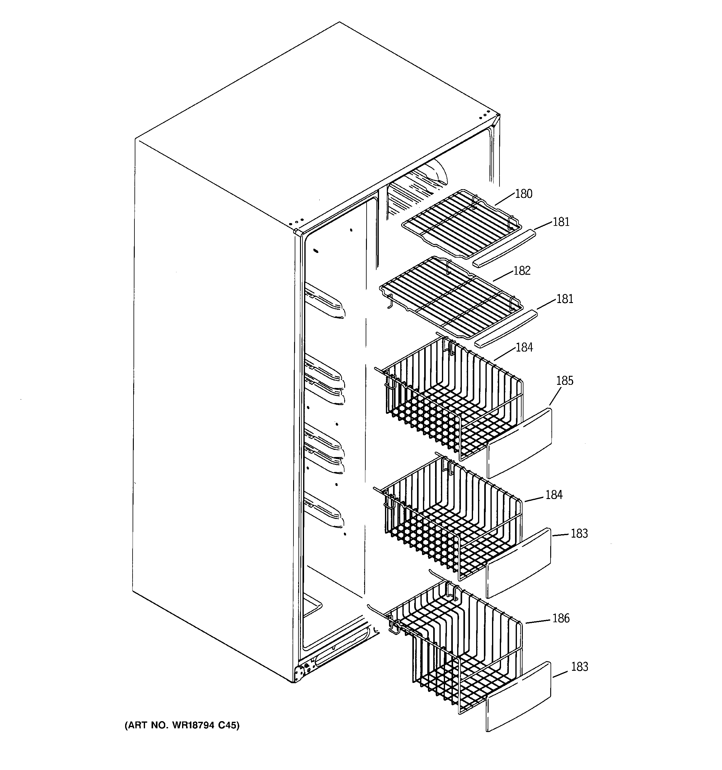 GE GSE25MGTECSS freezer shelves diagram