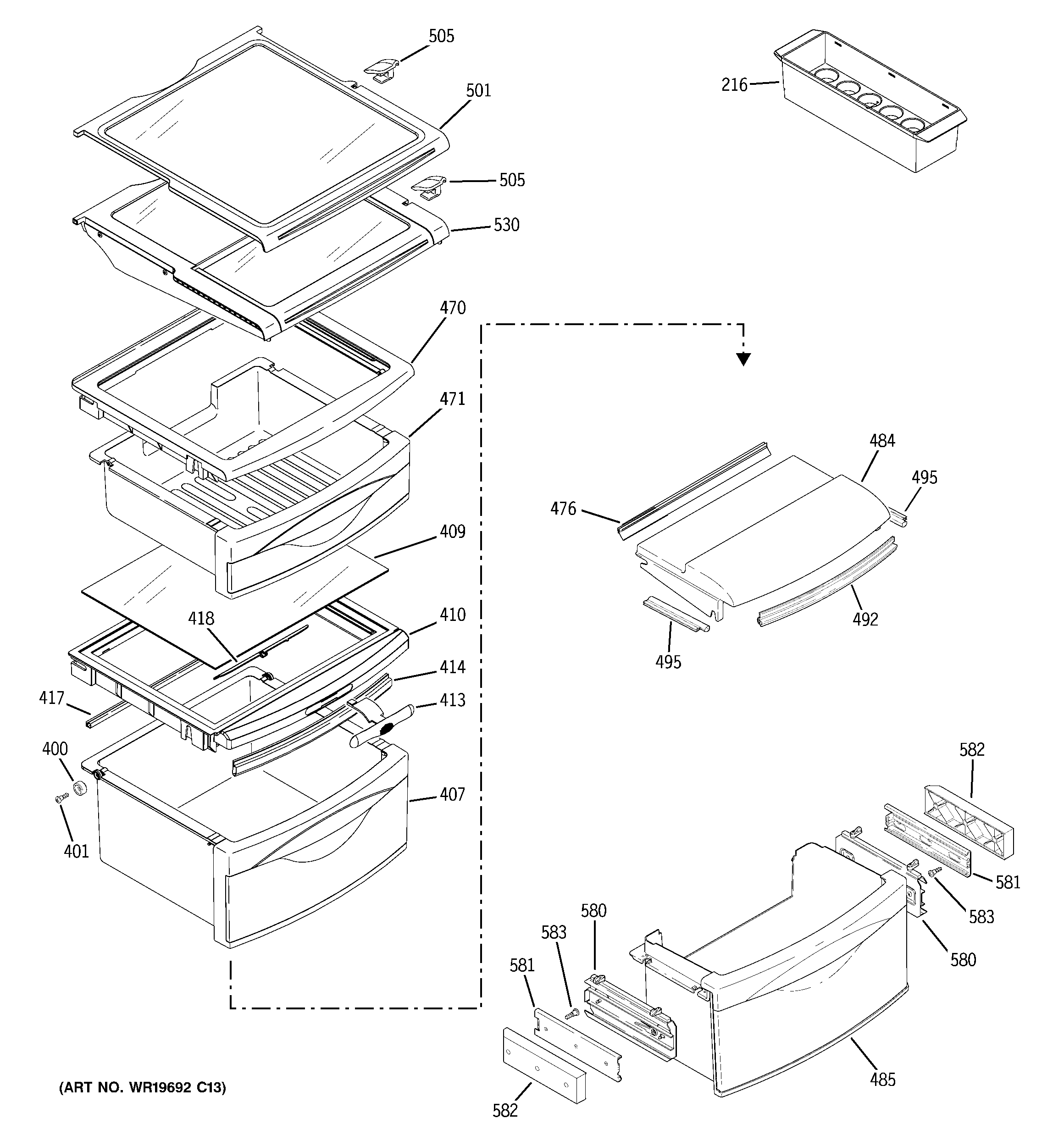 GE GSE25MGTECSS fresh food shelves diagram