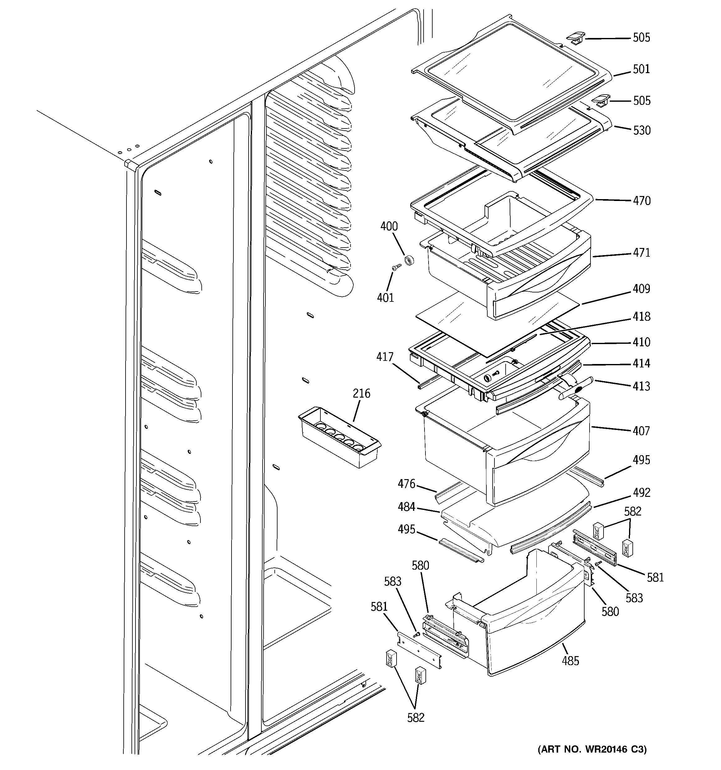 Hotpoint HSK29MGSECCC fresh food shelves diagram