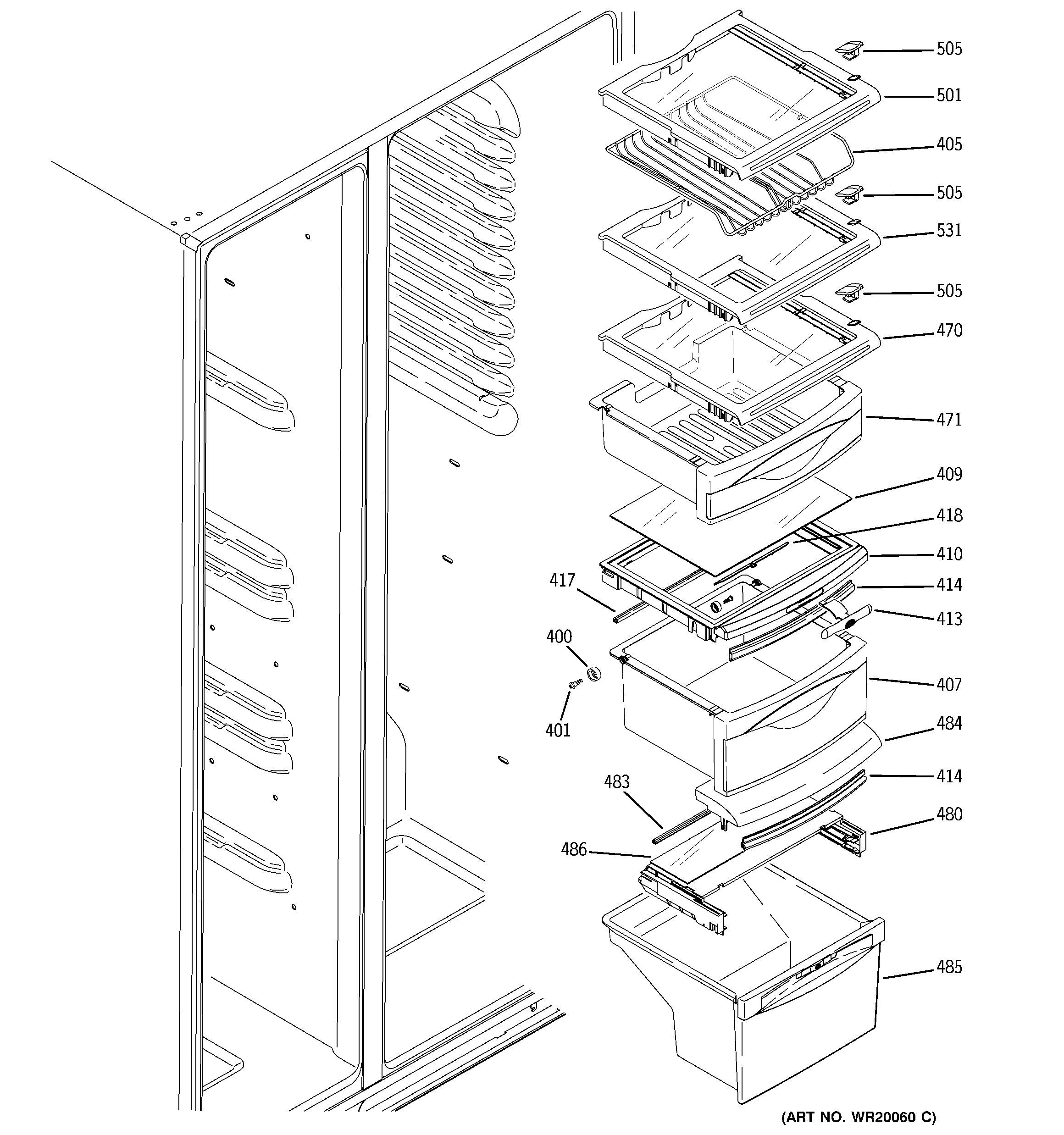 GE LSS25XSWCSS fresh food shelves diagram