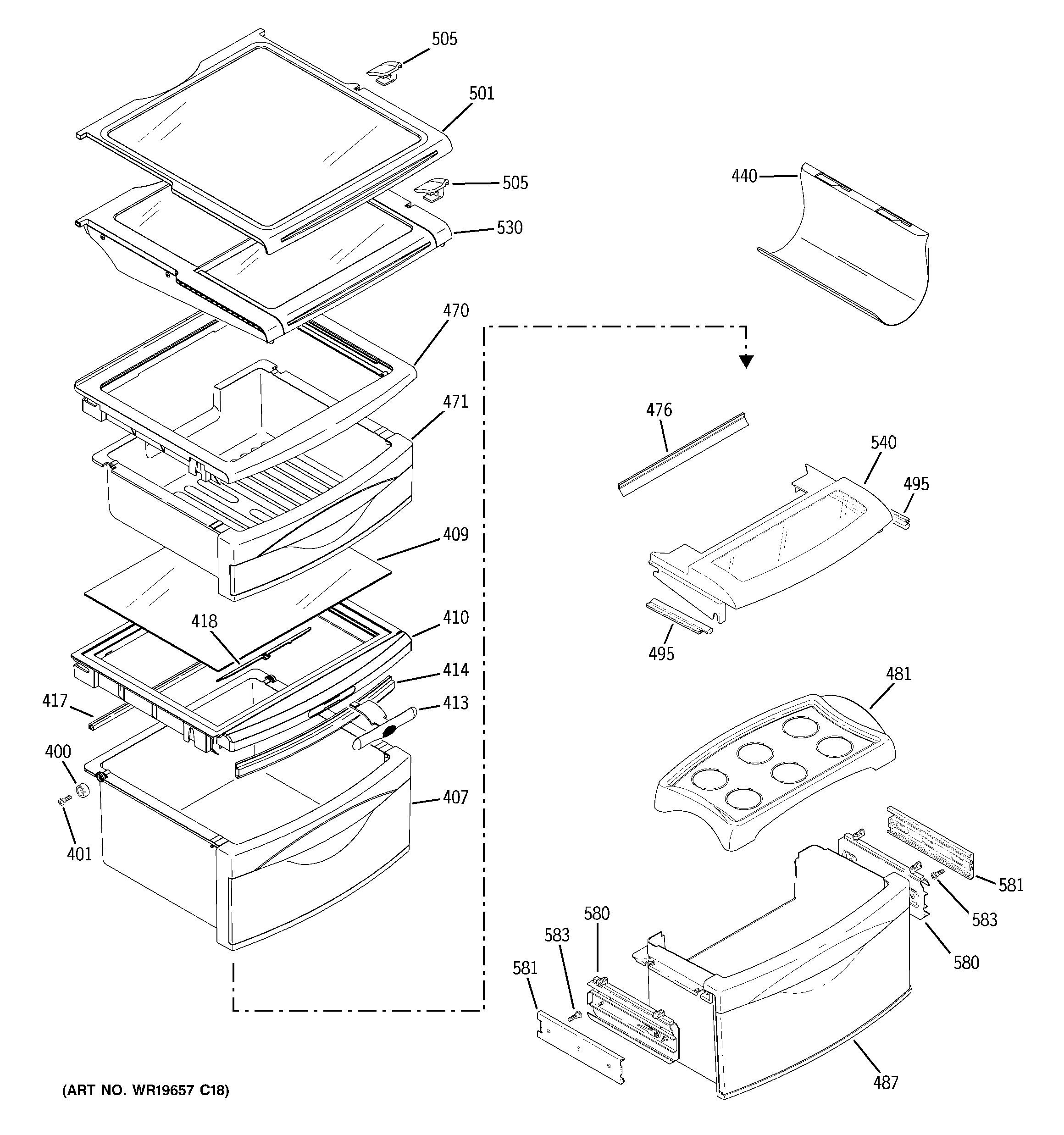 GE PSC23SHTGSS fresh food shelves diagram