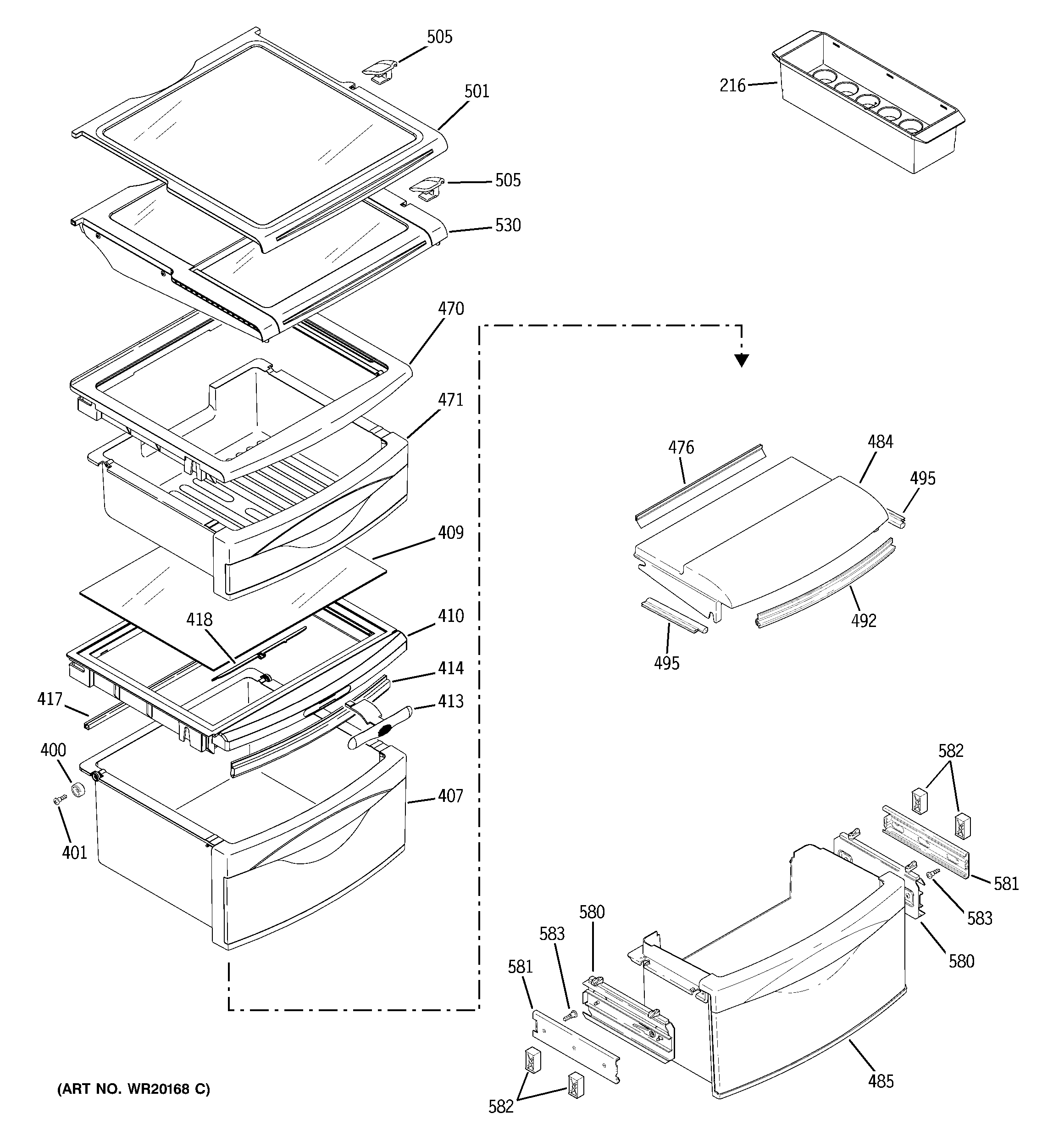 GE PSK25MGSECCC fresh food shelves diagram