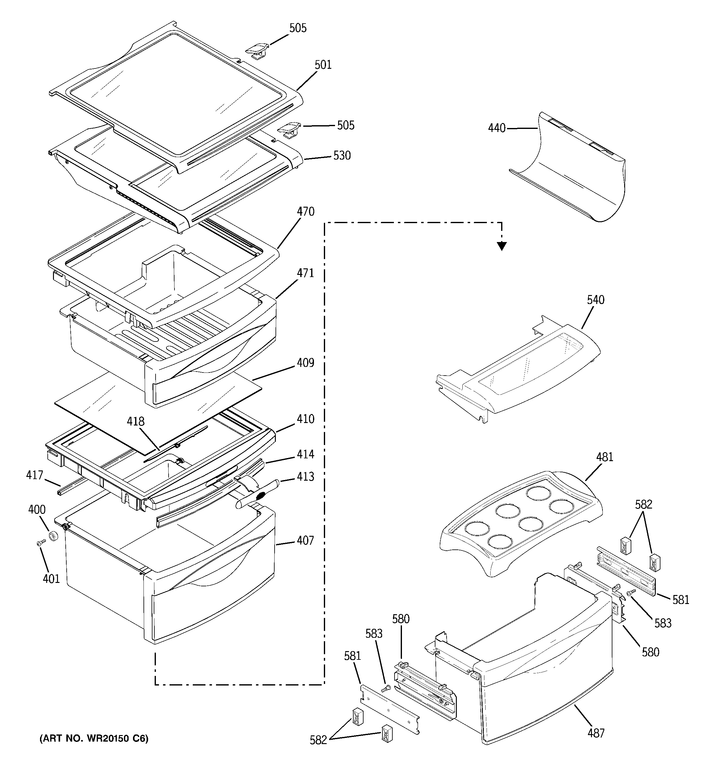 GE PSS26SHTGSS fresh food shelves diagram