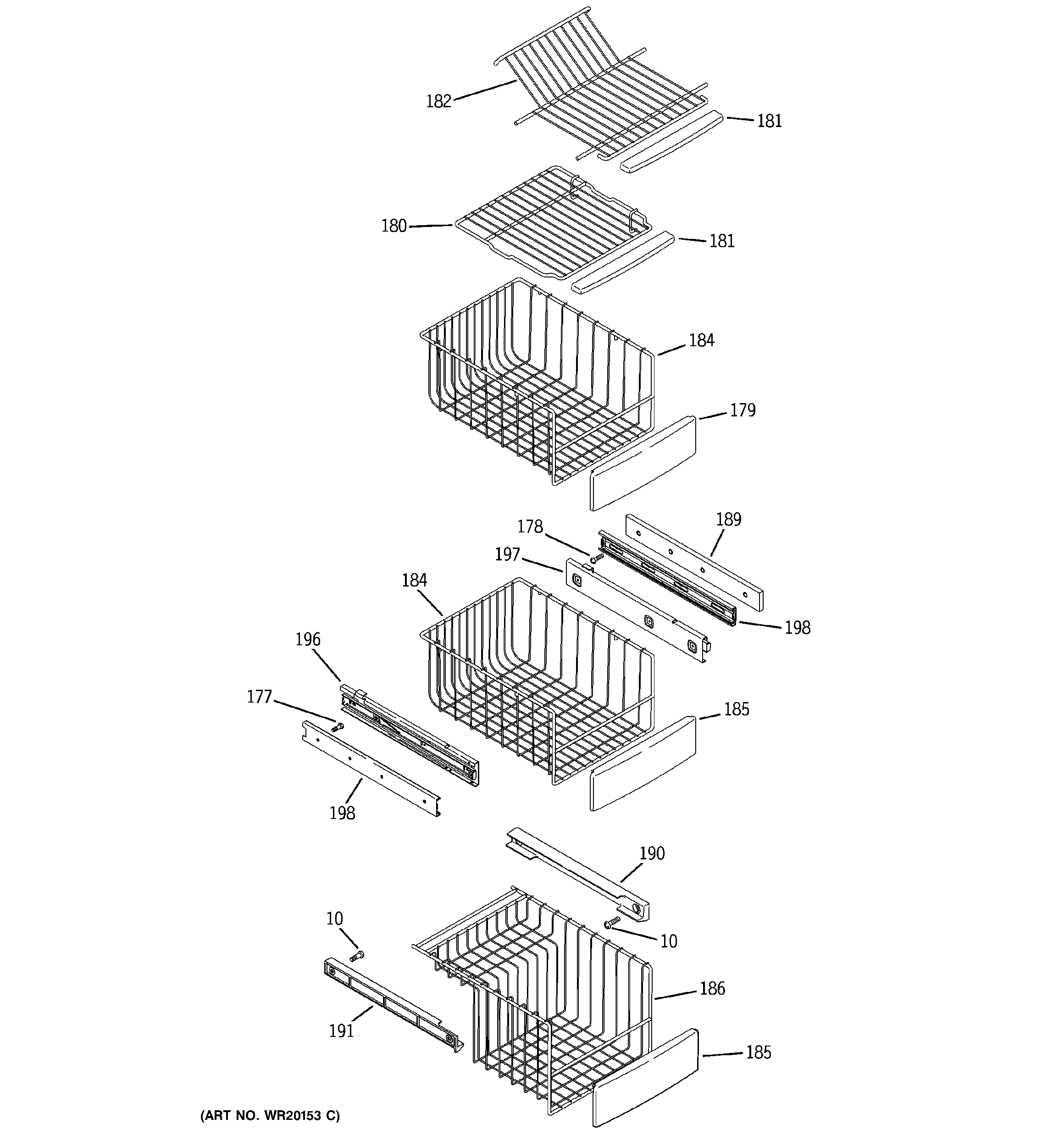 GE PCF25NGWCWW freezer shelves diagram