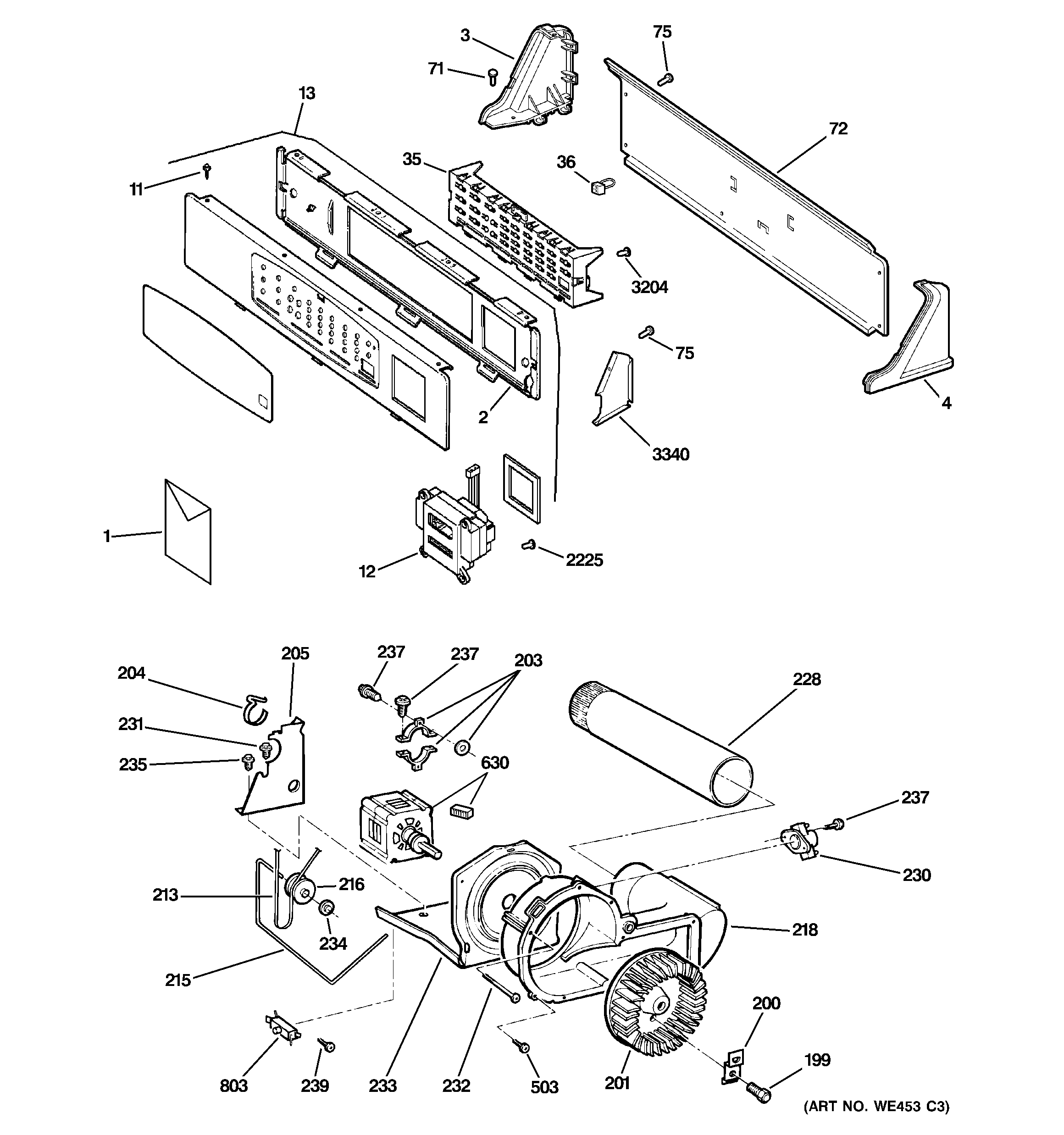 GE DNCK440EG0WC backsplash, blower & motor assembly diagram