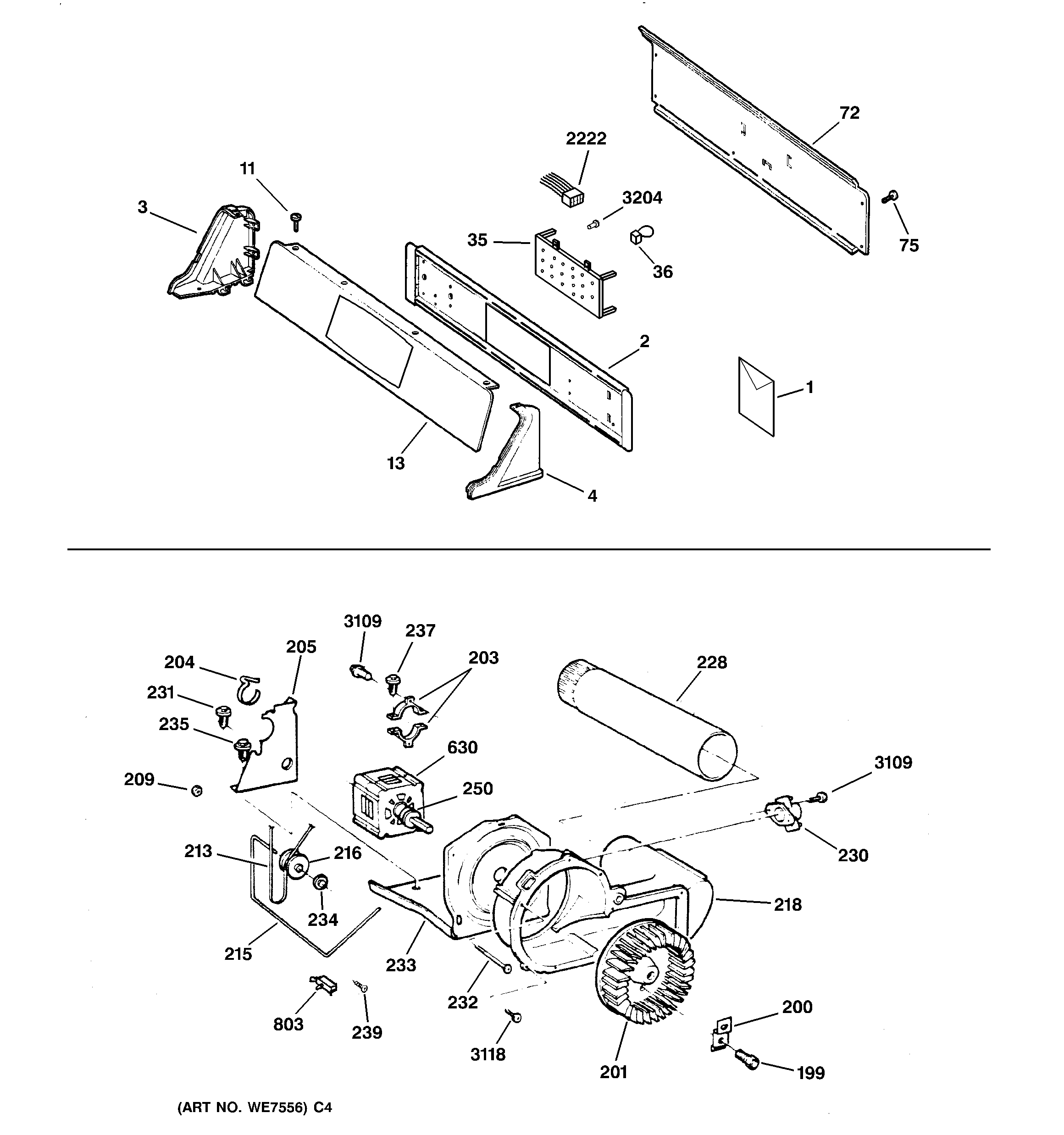 GE DPSE592GA1WW backsplash, blower & motor assembly diagram