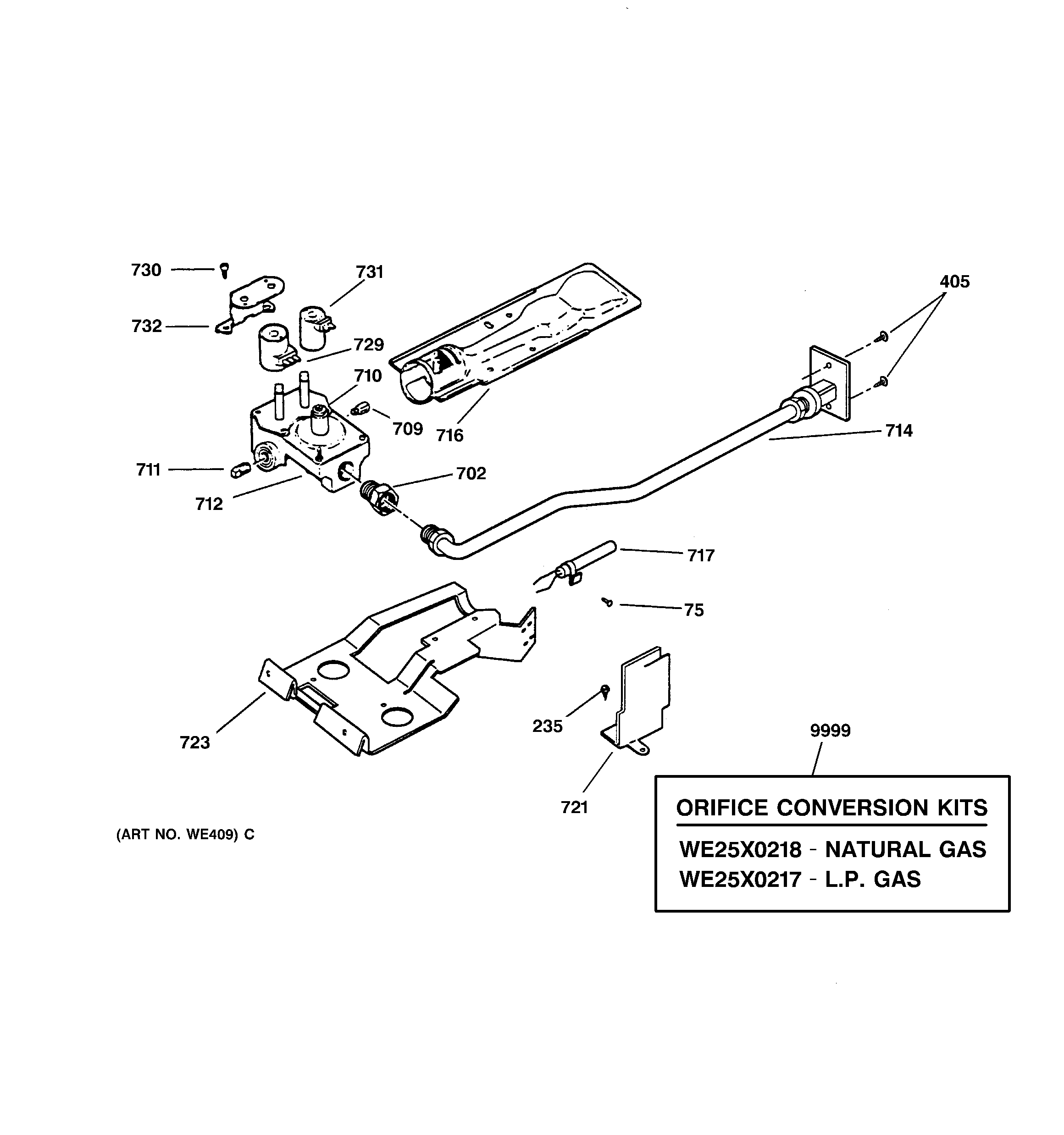 GE DPSE592GA1WW gas valve & burner assembly diagram
