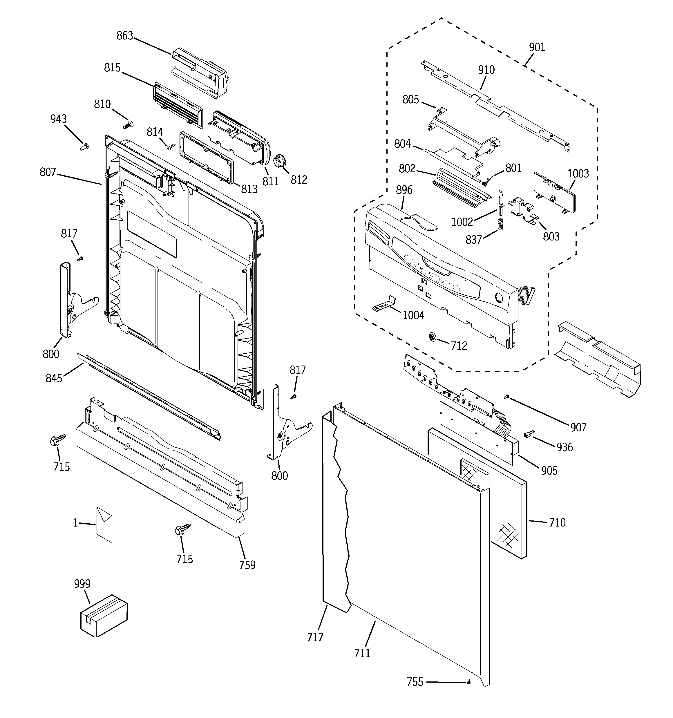 GE GLDL500N10CC escutcheon & door assembly diagram