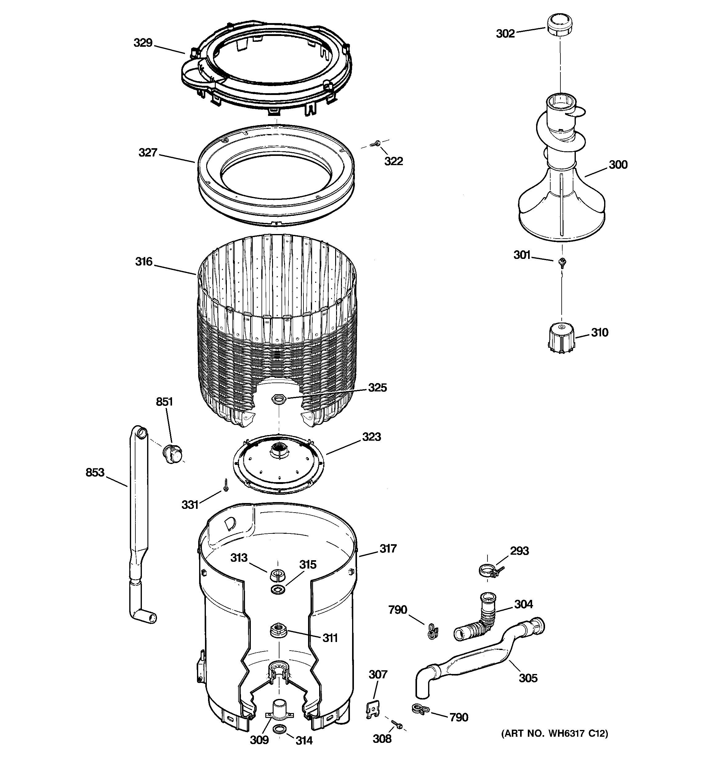 GE WISR106DGCWW tub, basket & agitator diagram