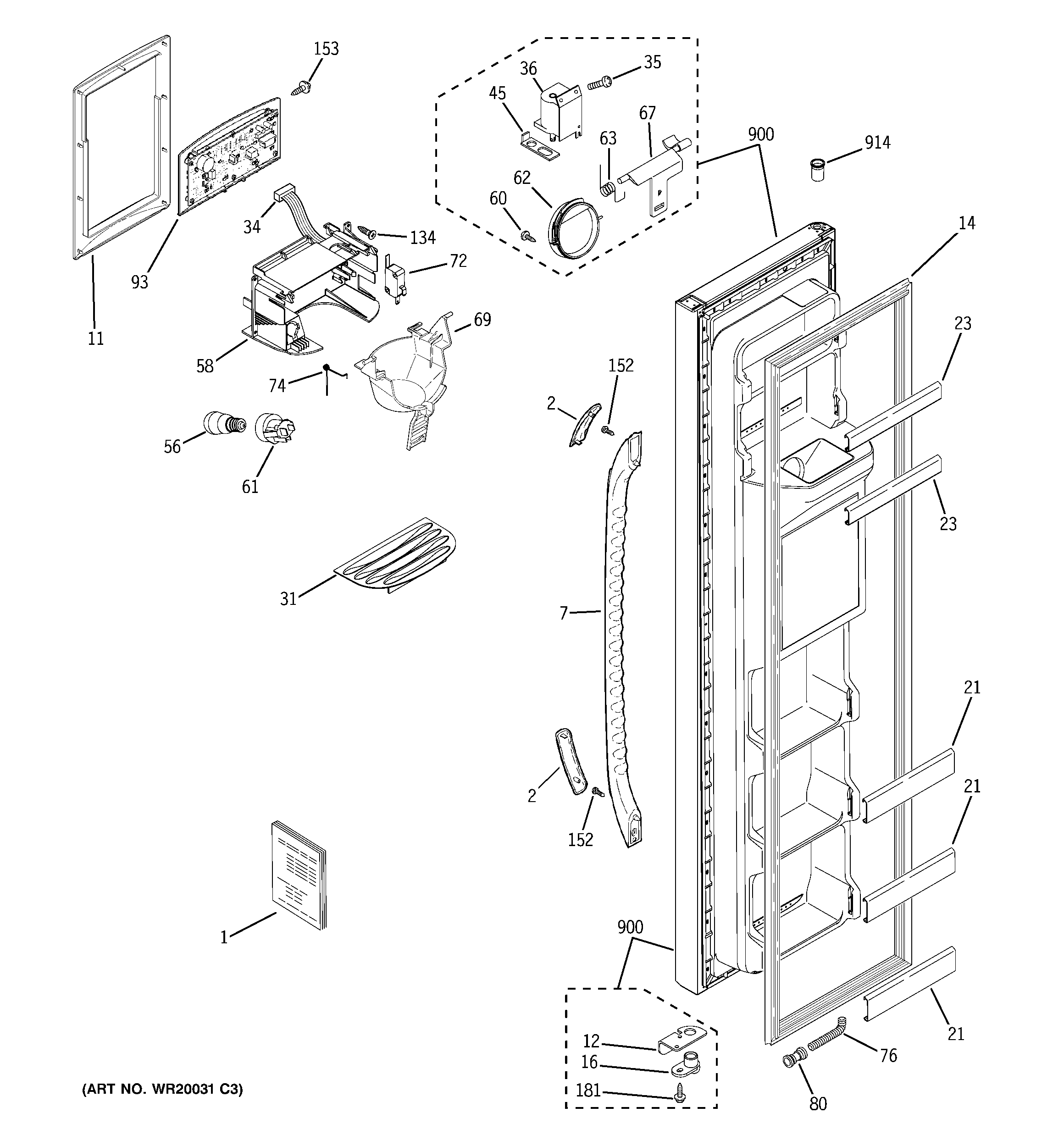 GE GSE25KETBFWW freezer door diagram