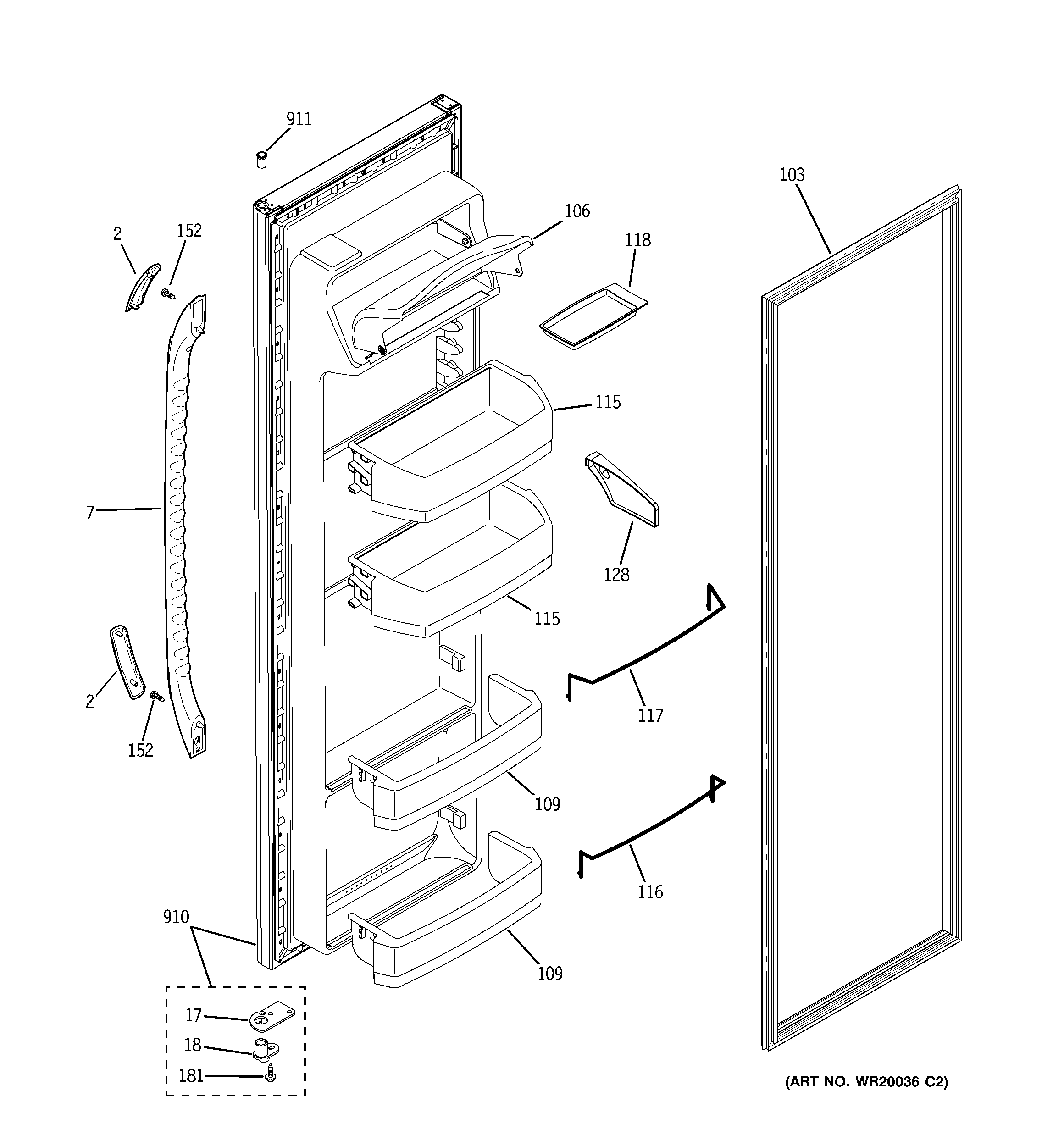 GE GSE25KETBFWW fresh food door diagram