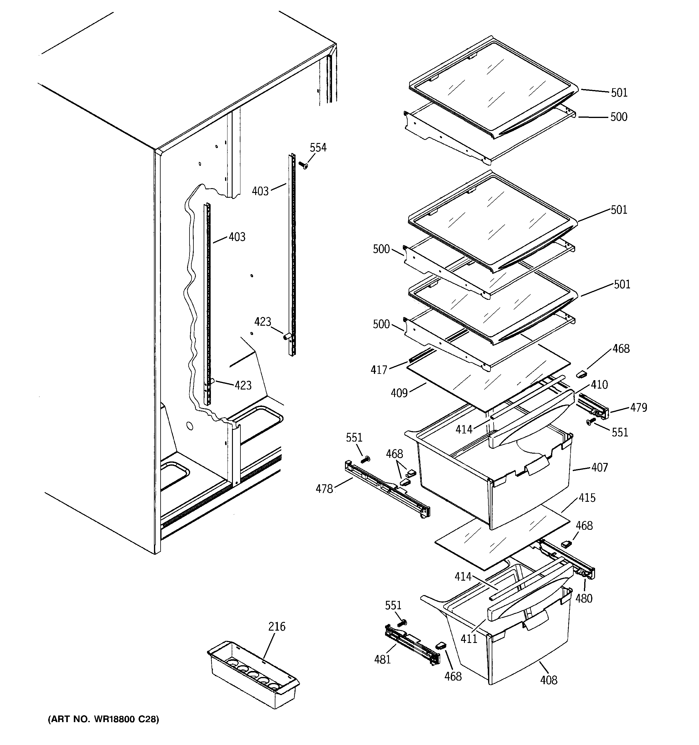 GE GSE25KETBFWW fresh food shelves diagram