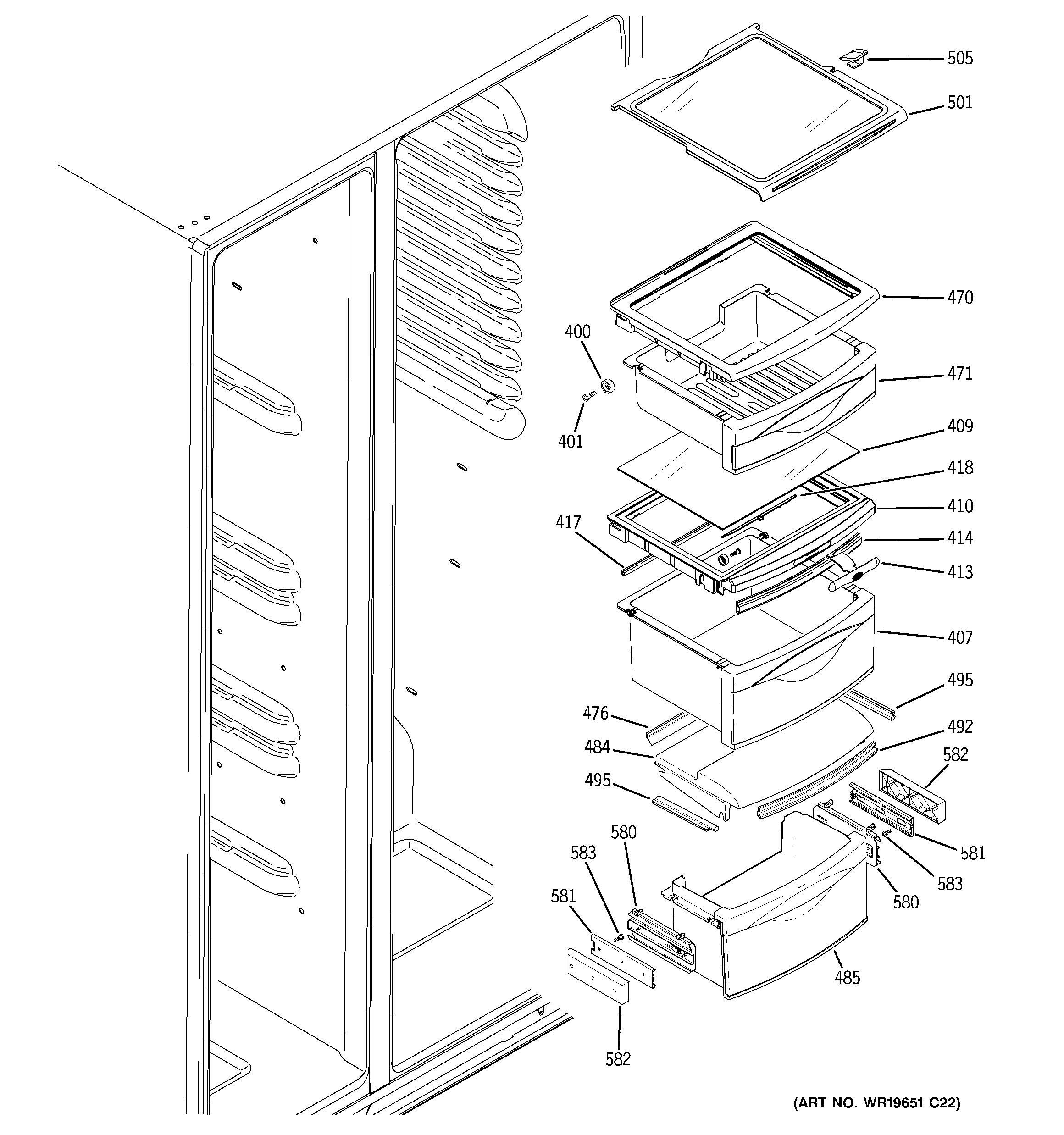 GE GCL22QGTGSV fresh food shelves diagram