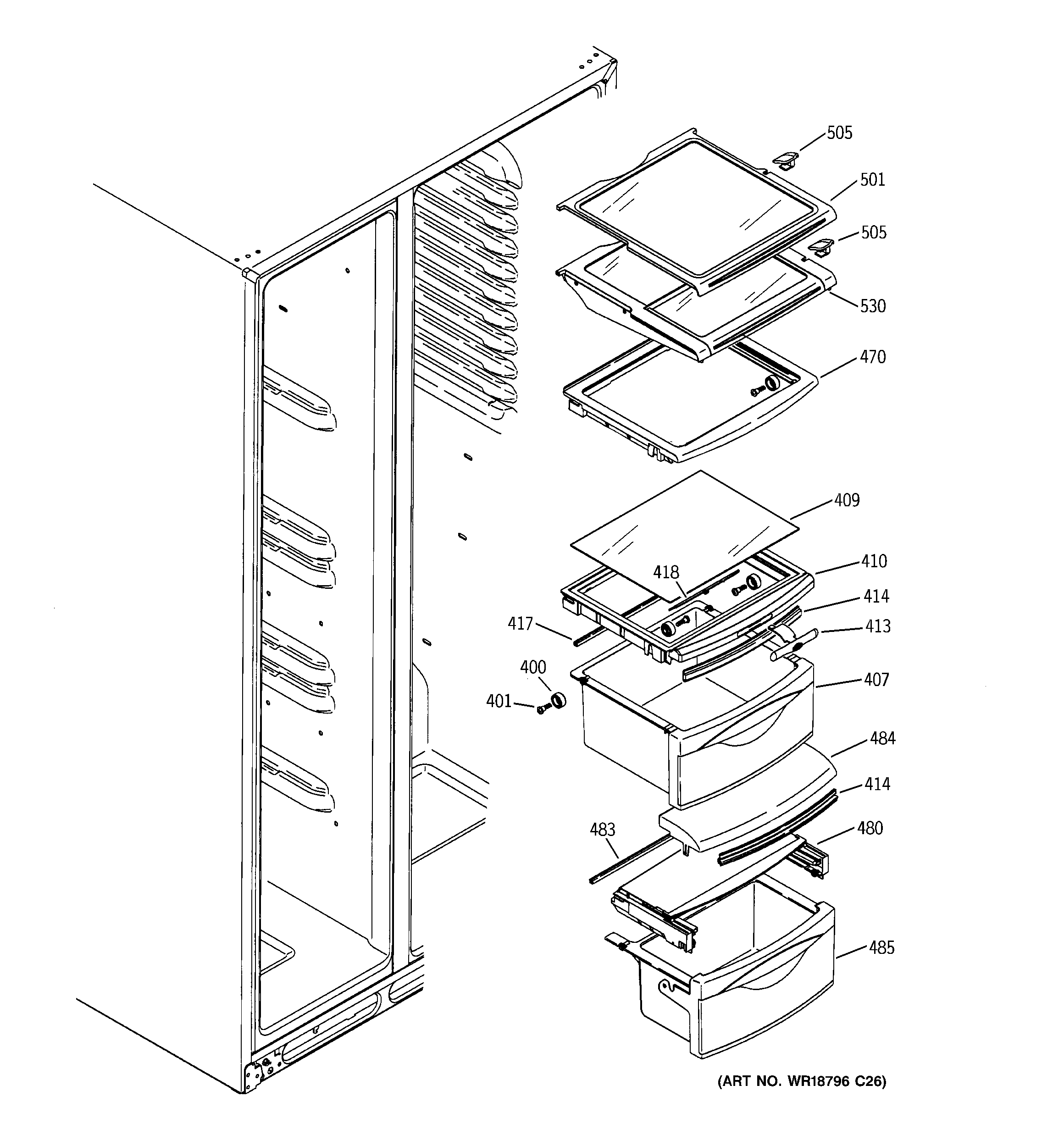 GE GSF25TGWCWW fresh food shelves diagram