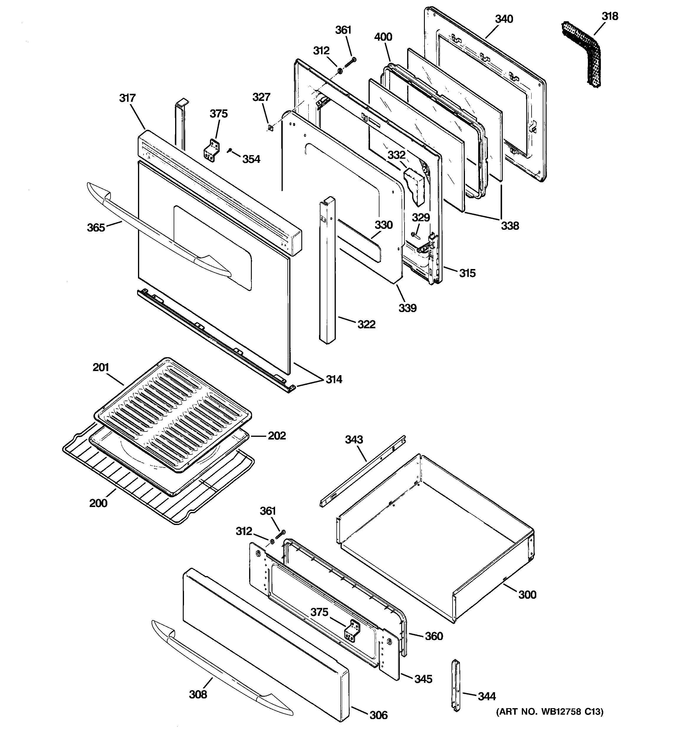 GE JGB908SEL3SS door & drawer parts diagram
