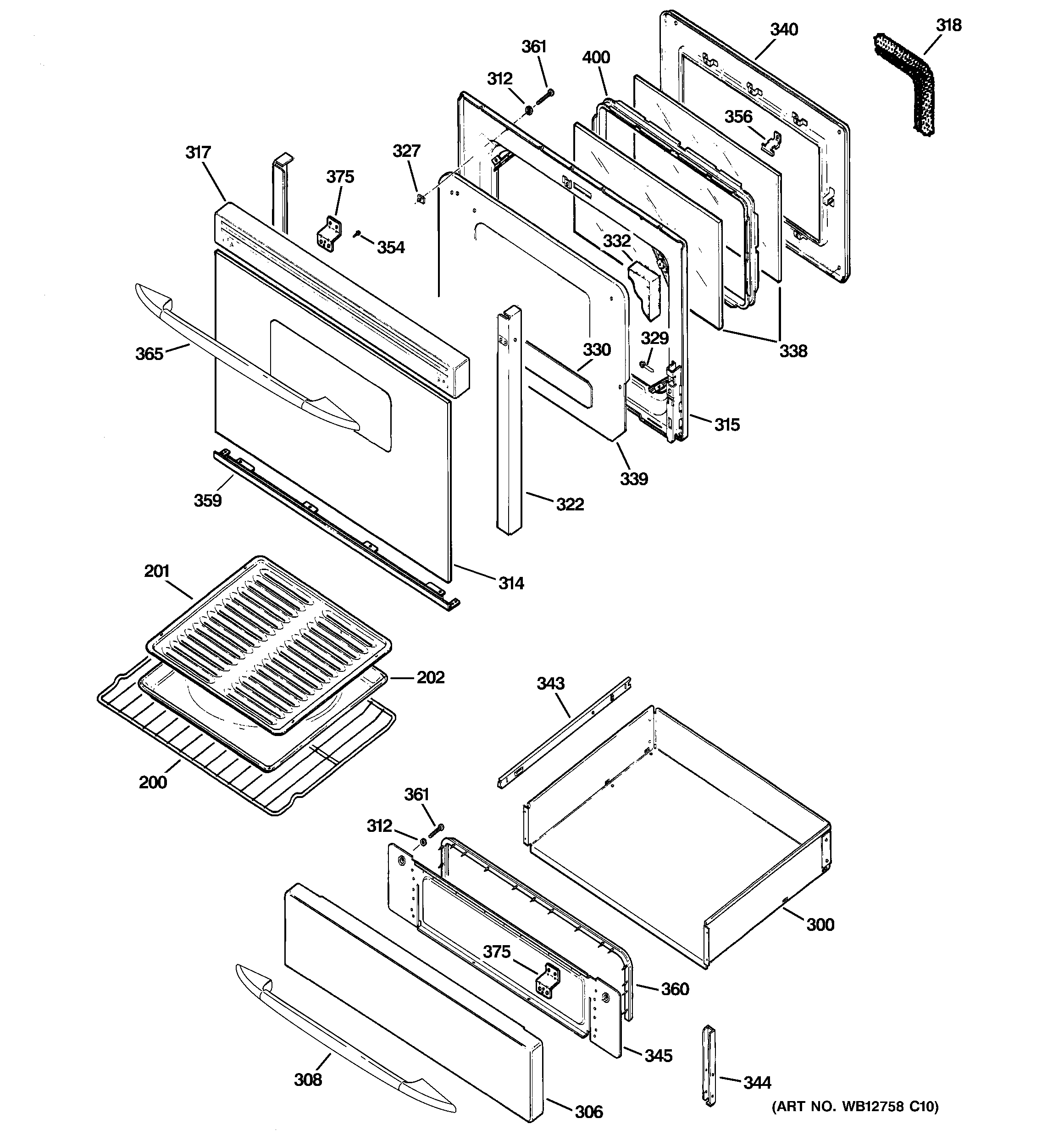 GE JGB908WEK7WW door & drawer parts diagram