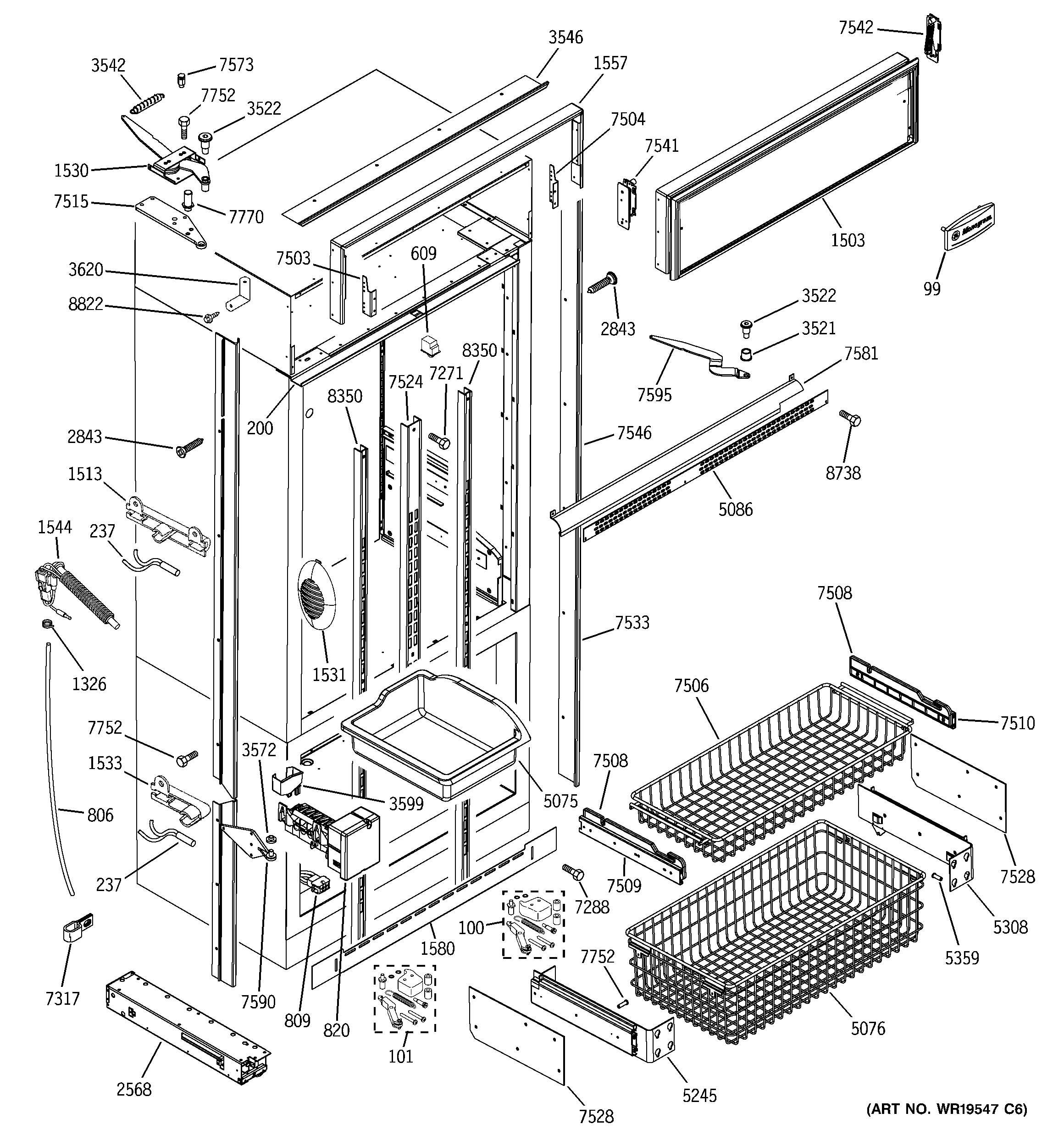 GE ZIC360NRHLH freezer section, trim & components diagram