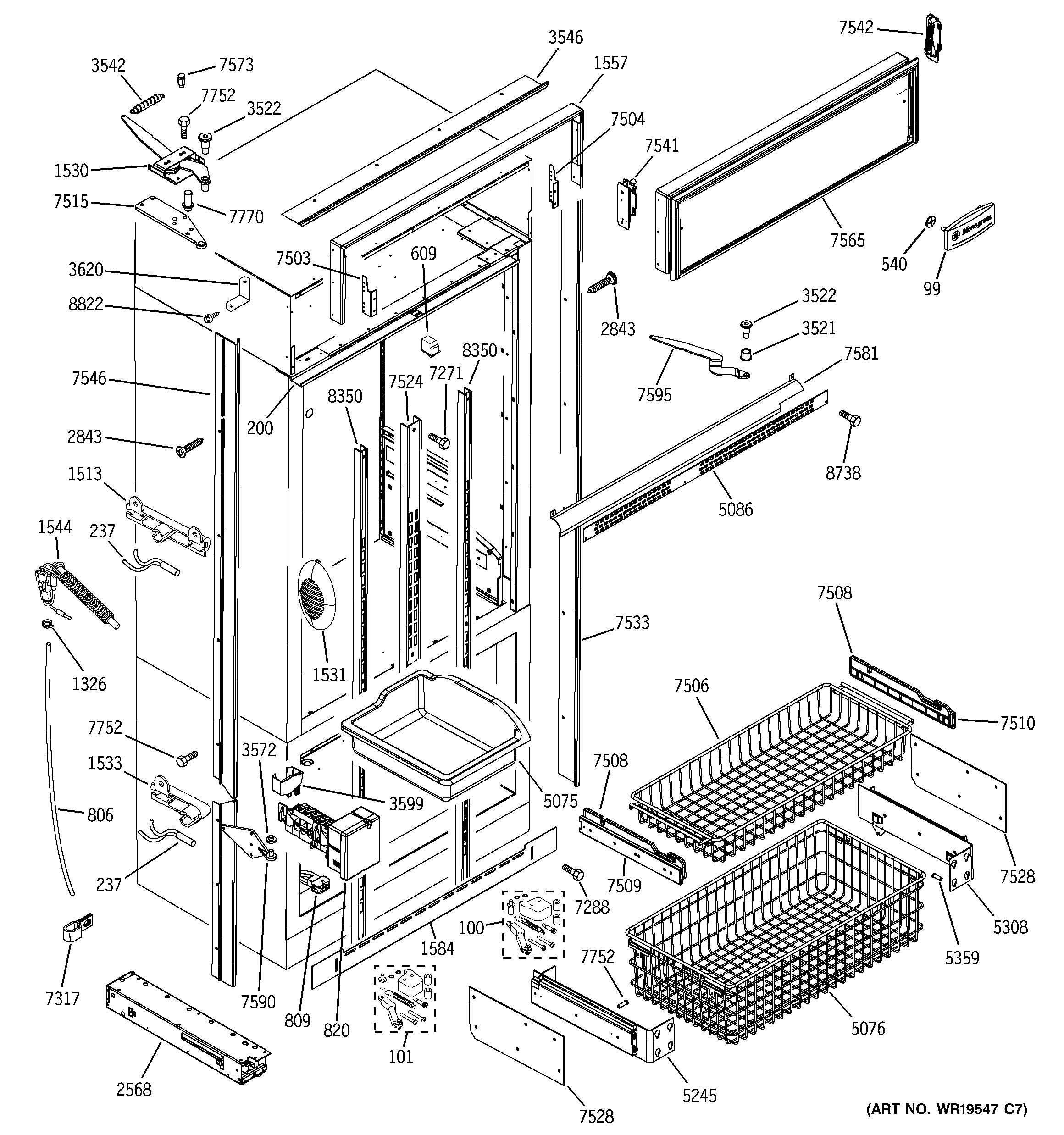 GE ZICS360NRHLH freezer section, trim & components diagram
