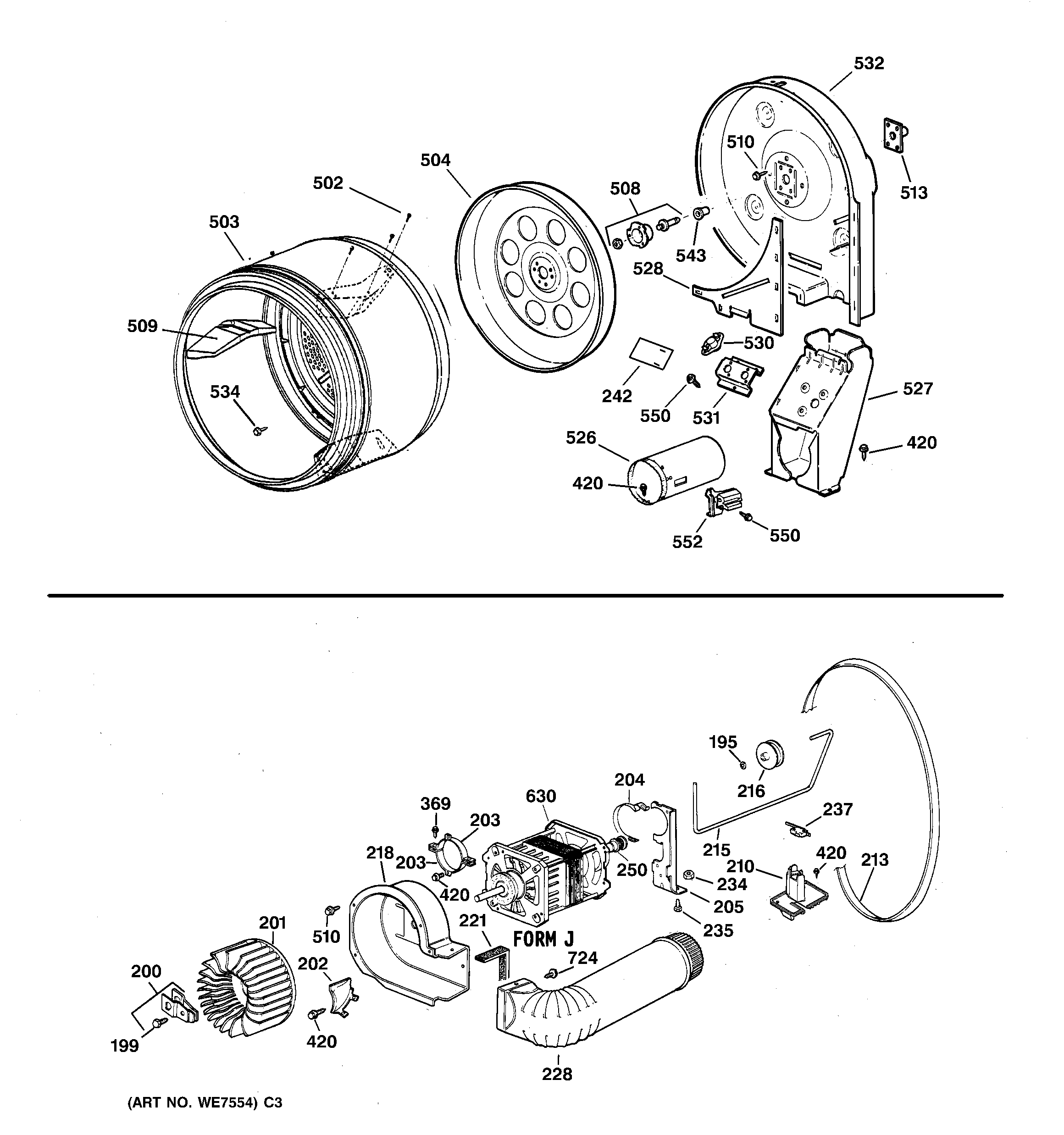 Hotpoint NJLR473GV0WW drum, duct, blower & drive asm. diagram