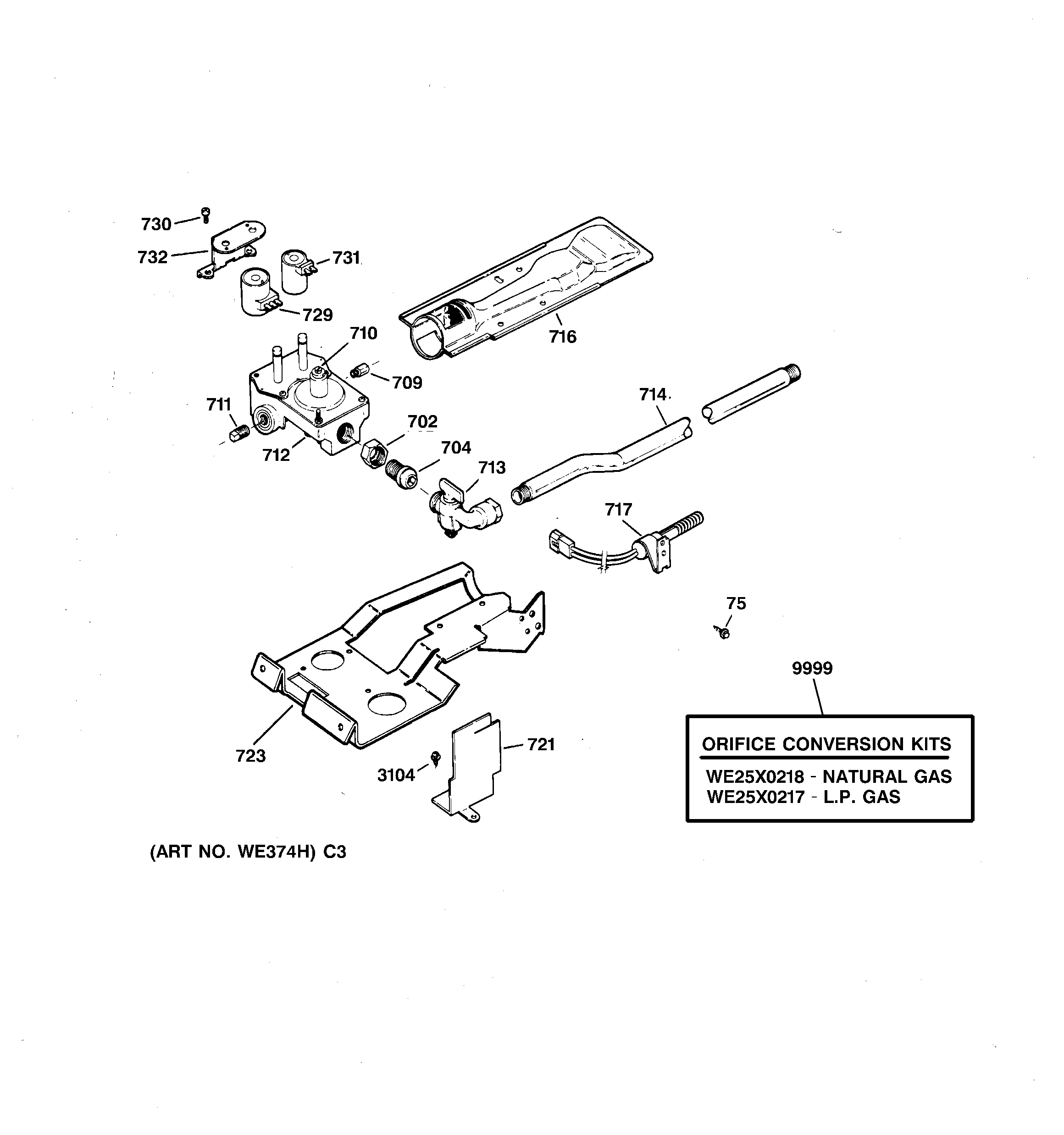 GE DPSF505GW0AA gas valve & burner assembly diagram
