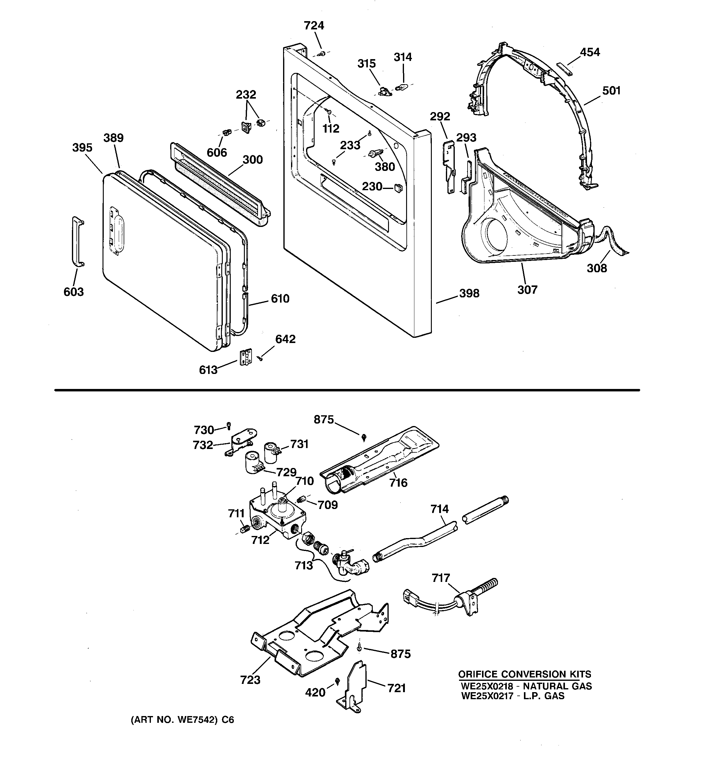 GE DVLR223GV0AA cabinet front, gas valve & burner asm. diagram