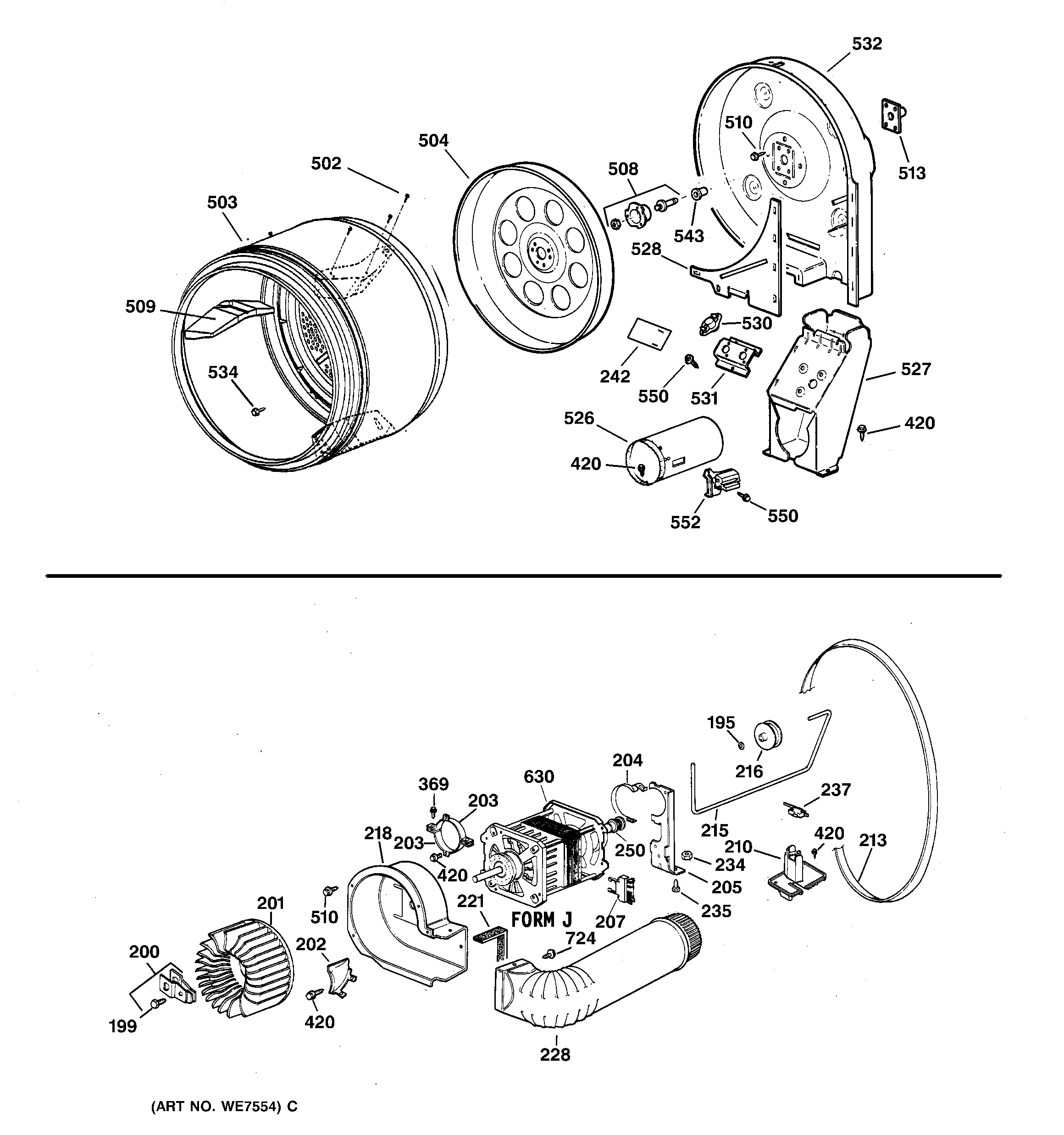 GE DVLR223GV0AA drum, duct, blower & drive asm. diagram