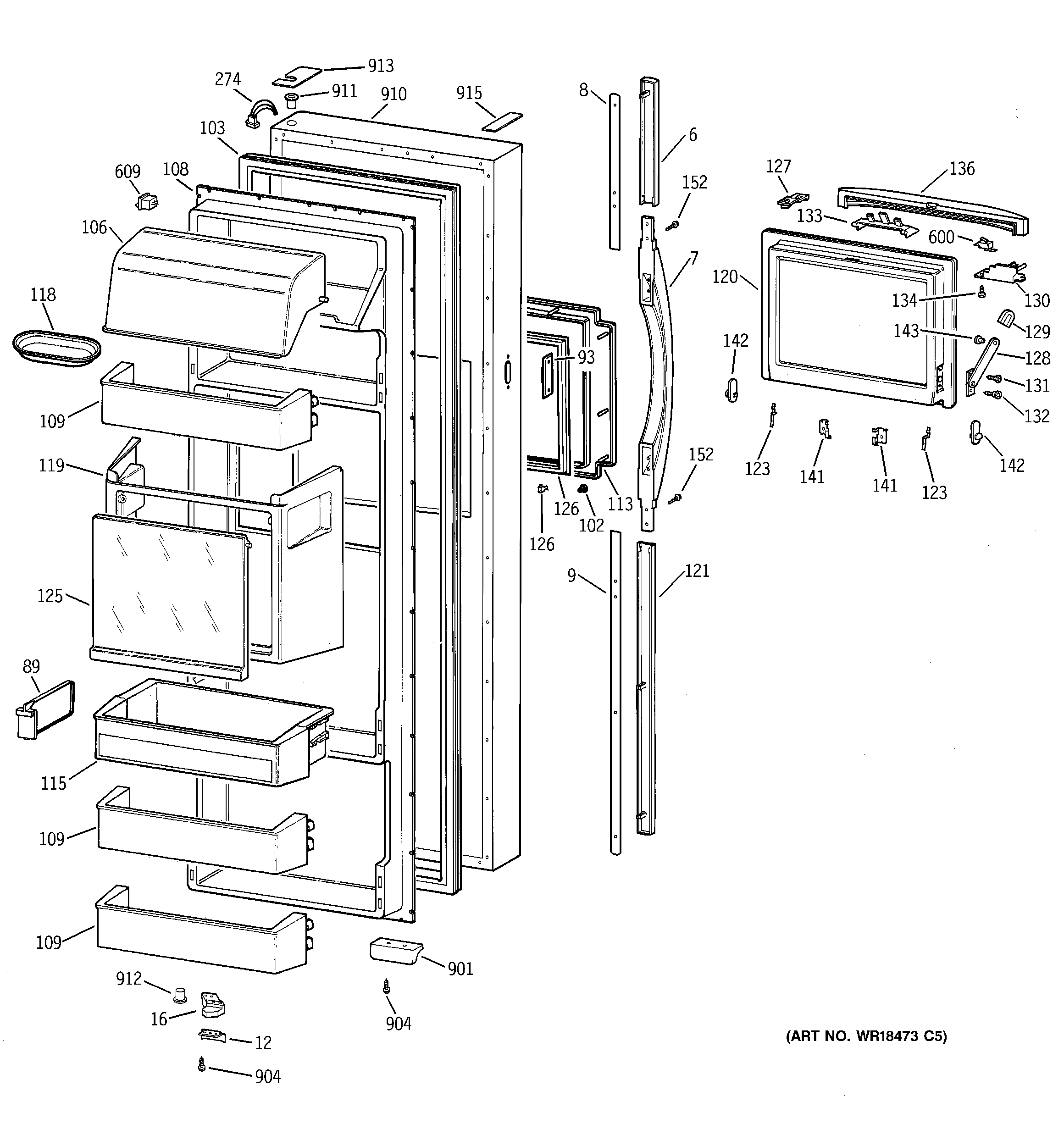 GE TFG28PFBAWW fresh food door diagram