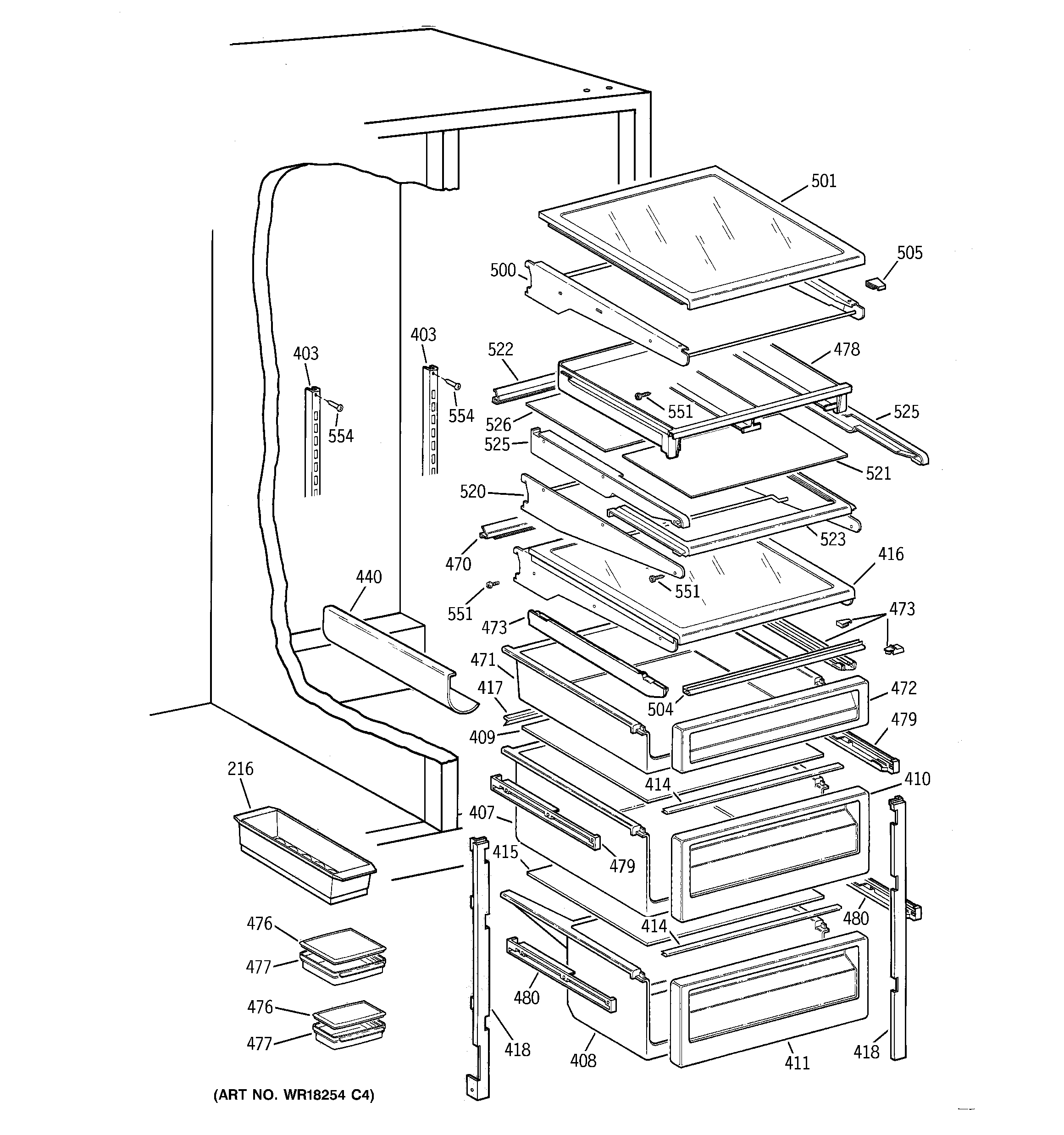 GE TFG28PFBAWW fresh food shelves diagram