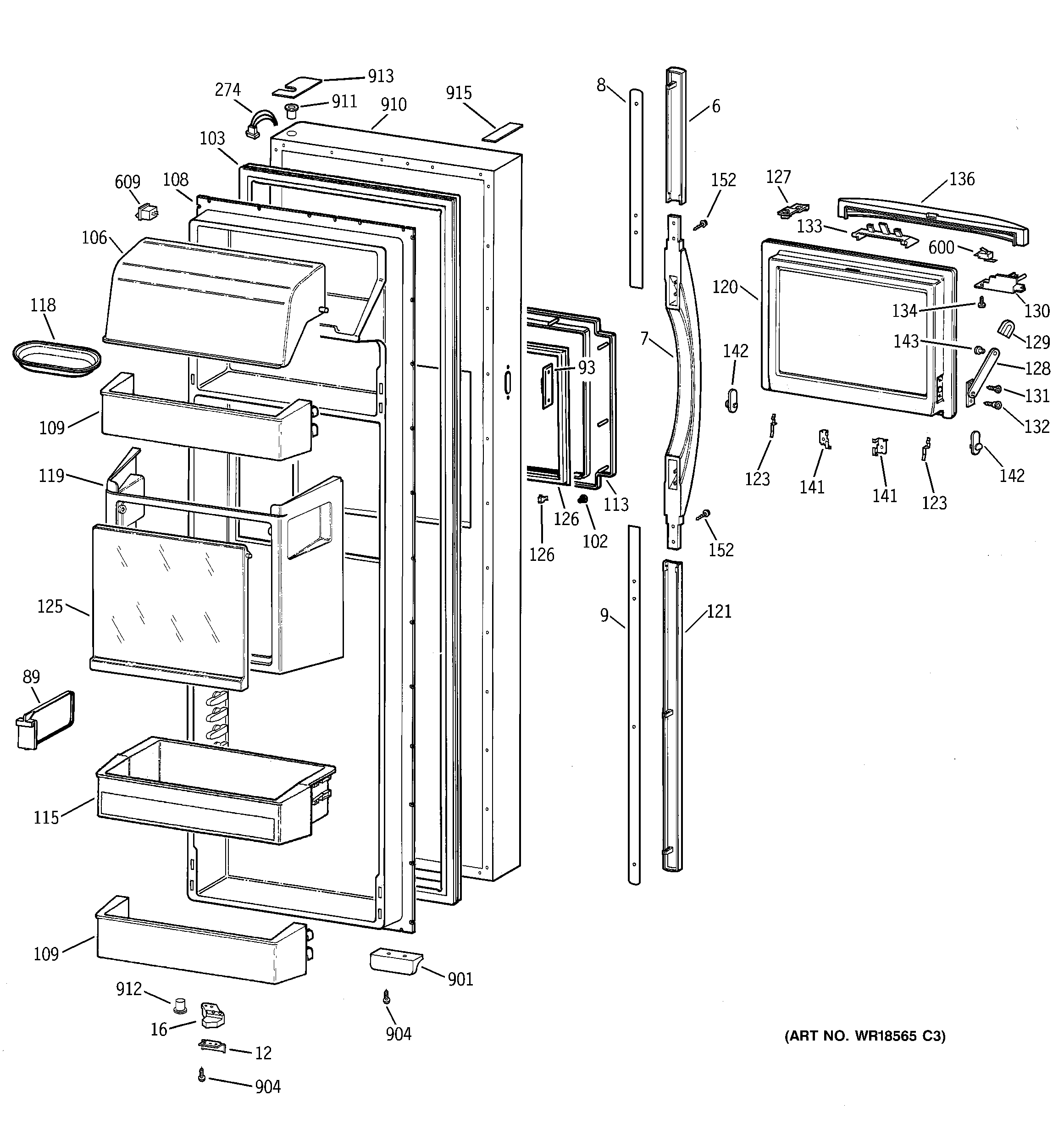 GE TFG30PFBAWW fresh food door diagram