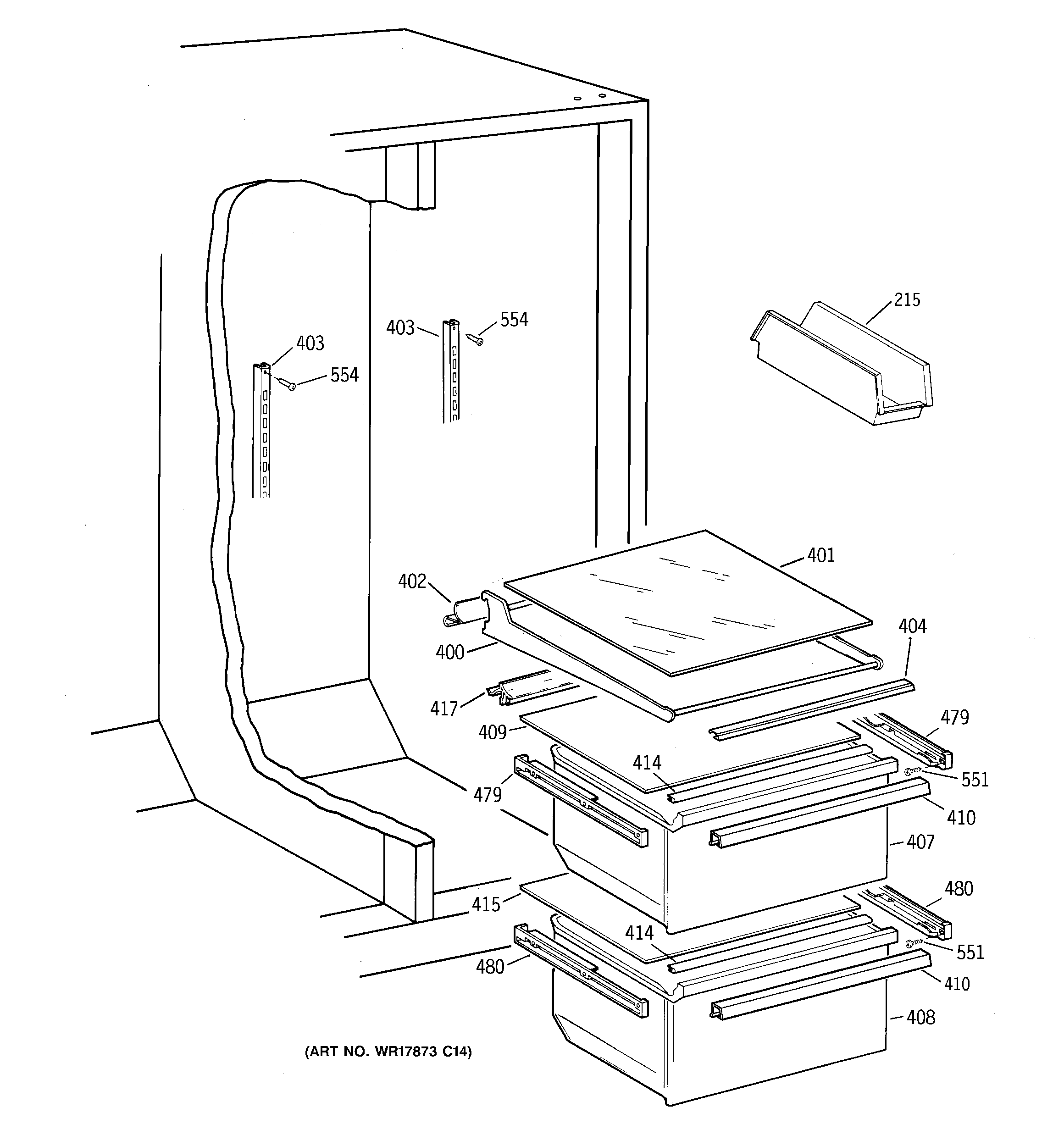 GE MRSC20KWBAAD fresh food shelves diagram