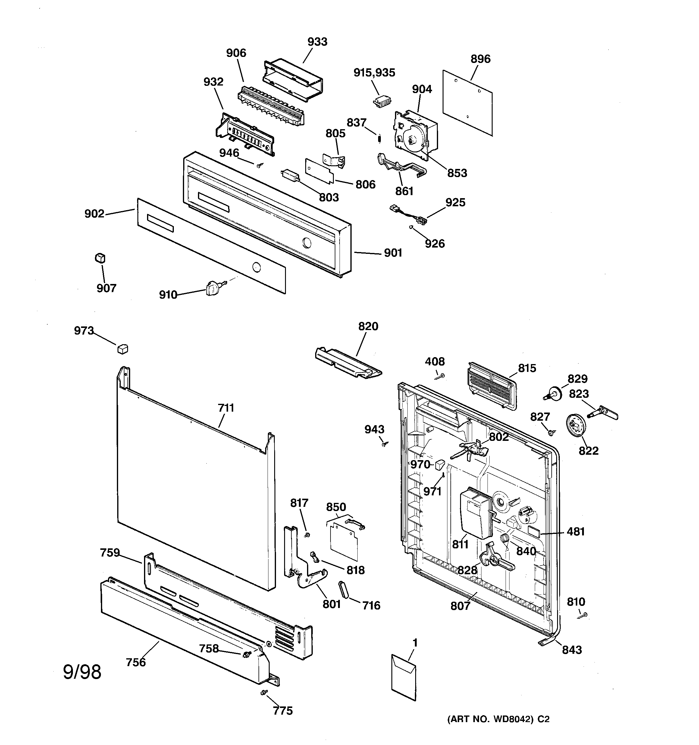 GE PSD3420Z02BB escutcheon & door assembly diagram