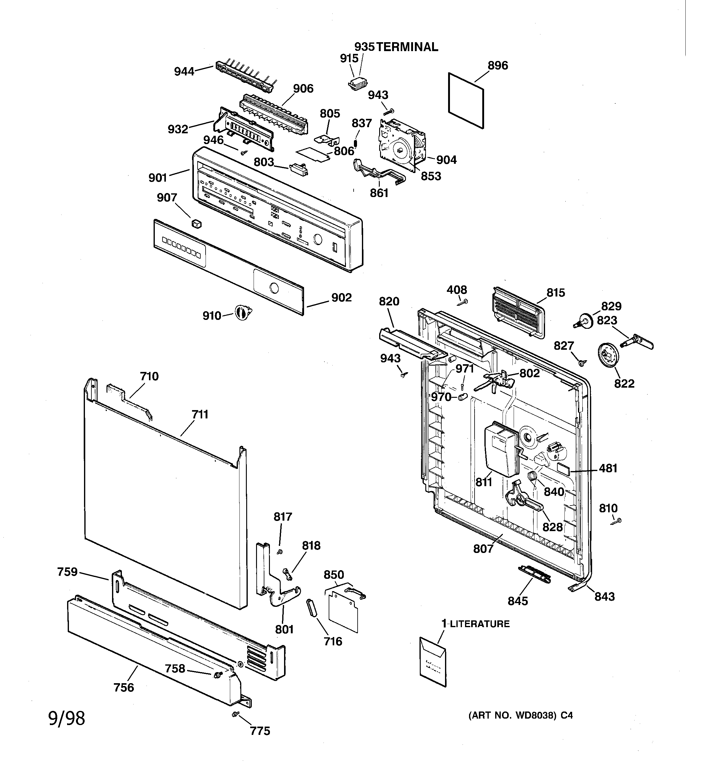 GE GSD3820Z02BB escutcheon & door assembly diagram
