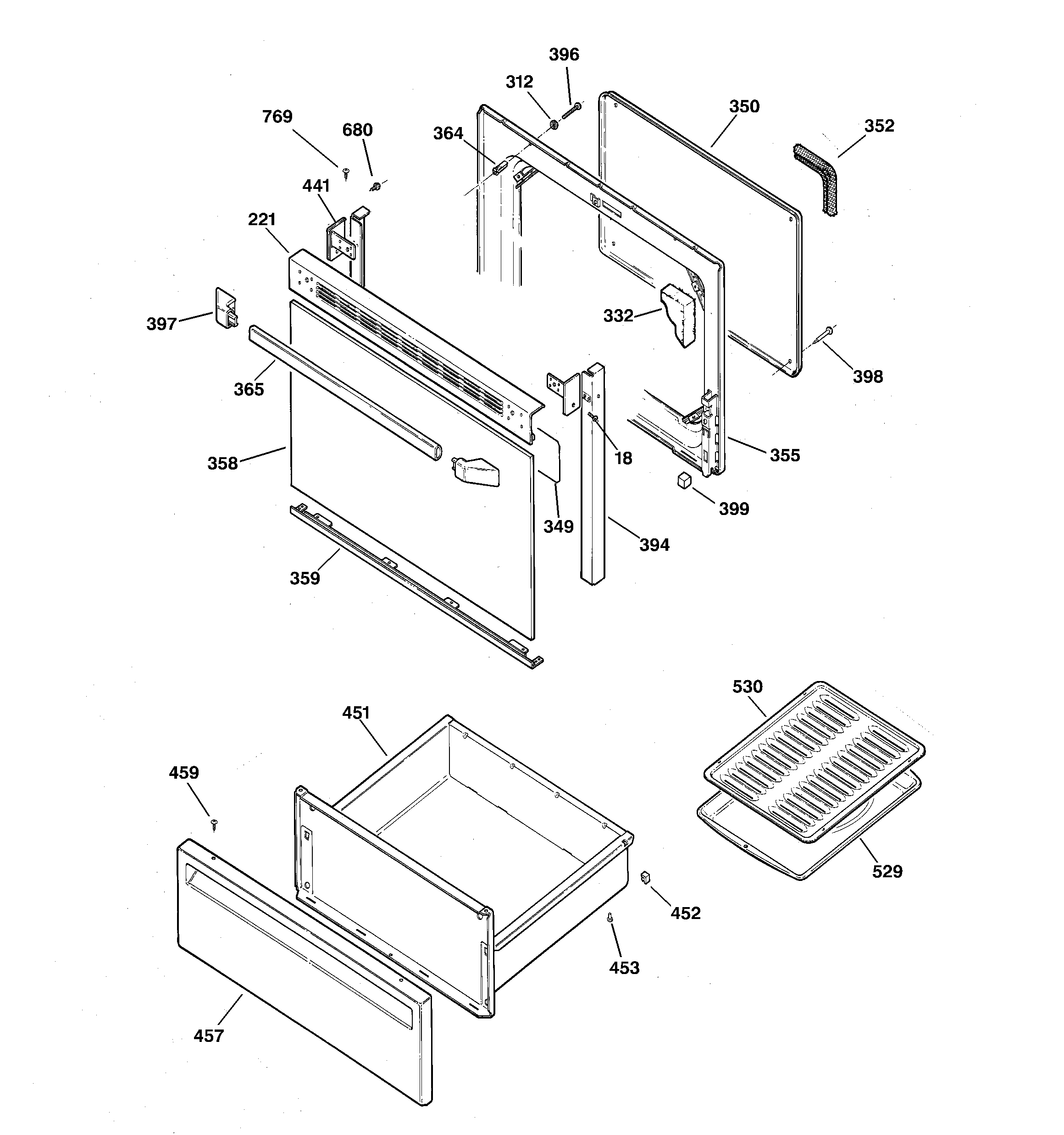 GE JBP21BY4 door & drawer parts diagram