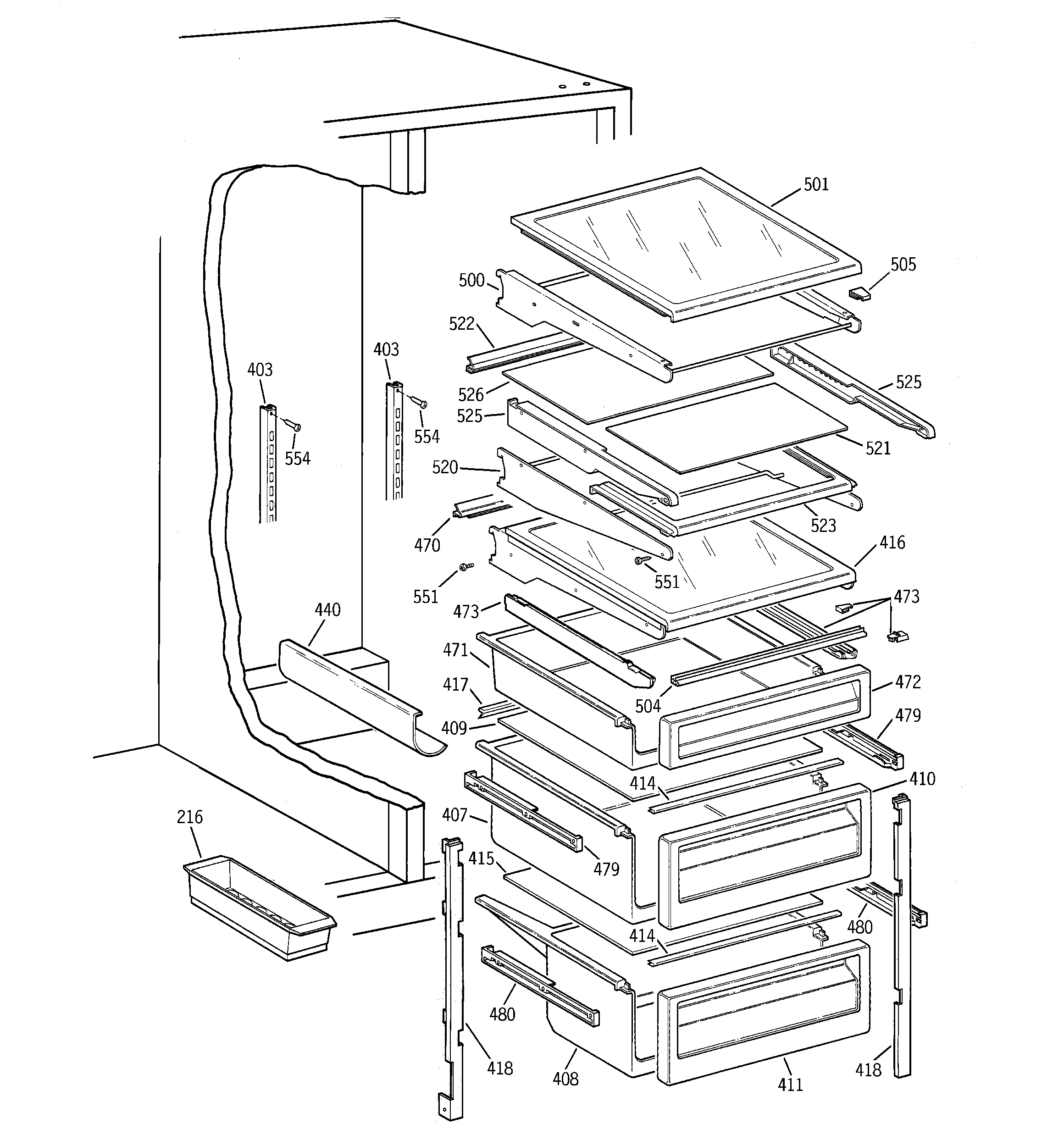 GE TFG25PRAAWW fresh food shelves diagram