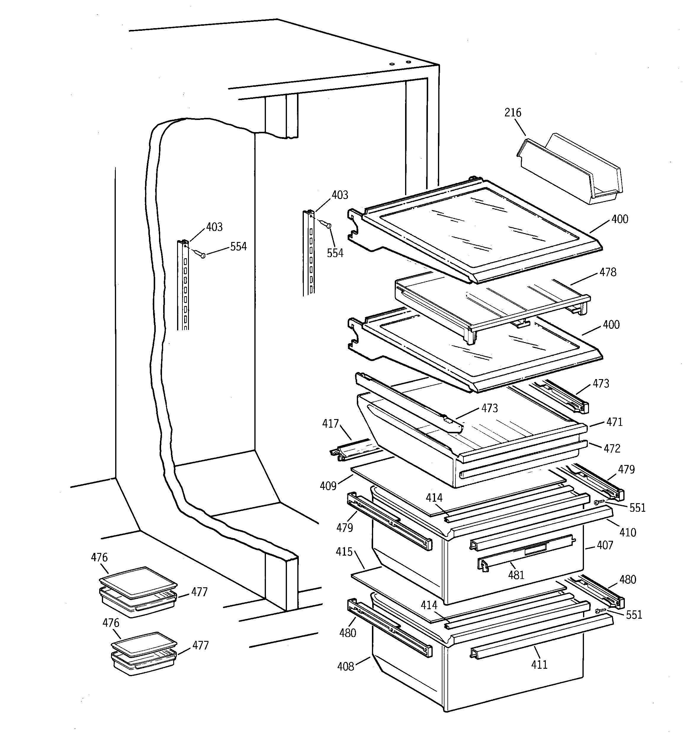 GE TFG28ZFCBWH fresh food shelves diagram
