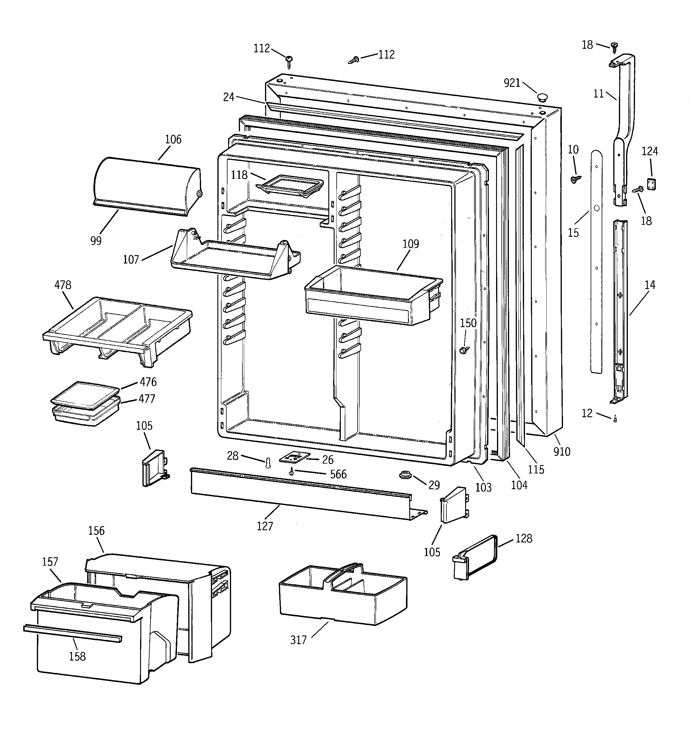 GE TBT25PABFRWW fresh food door diagram