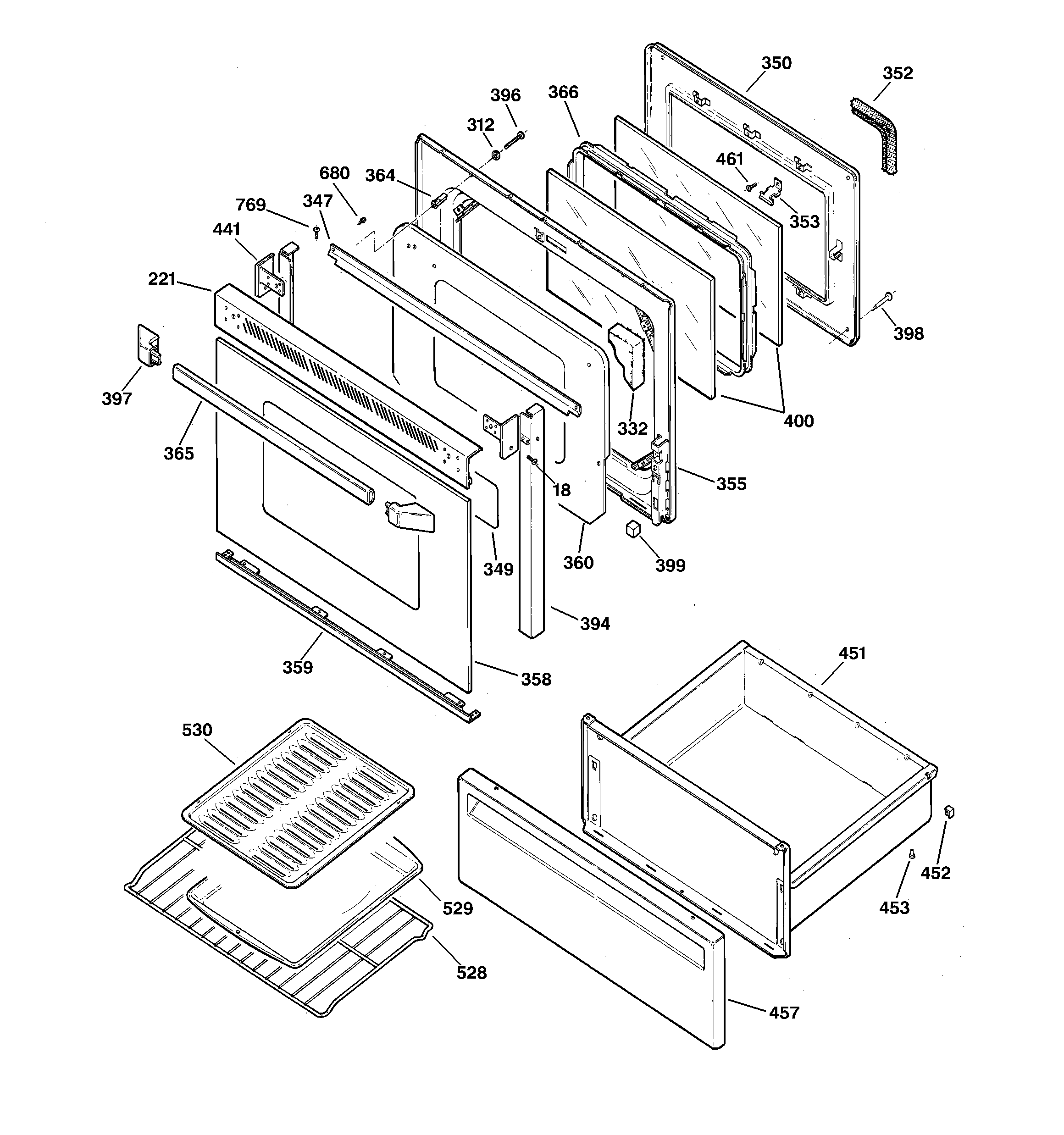 GE JBP75WY5 door & drawer parts diagram