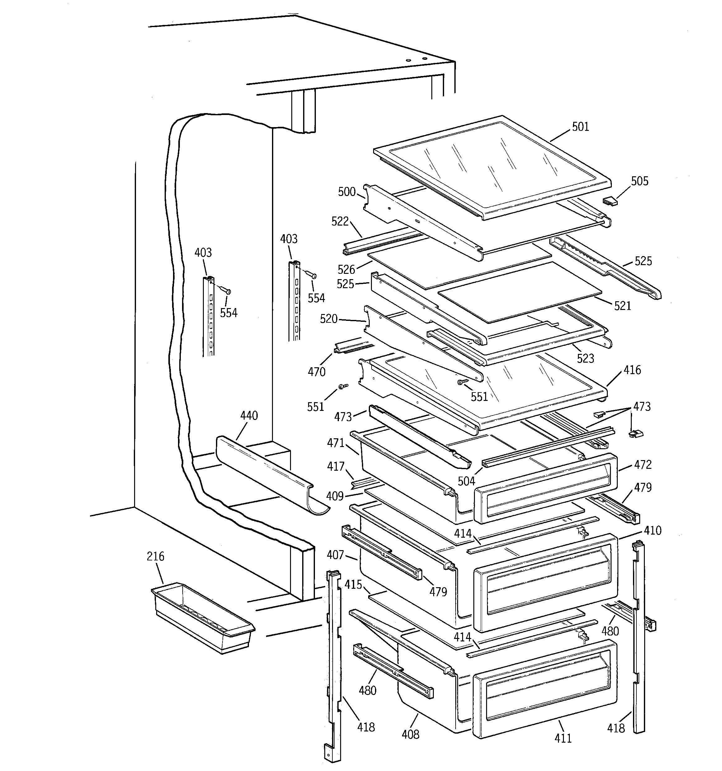 GE TFX22PPBBBB fresh food shelves diagram