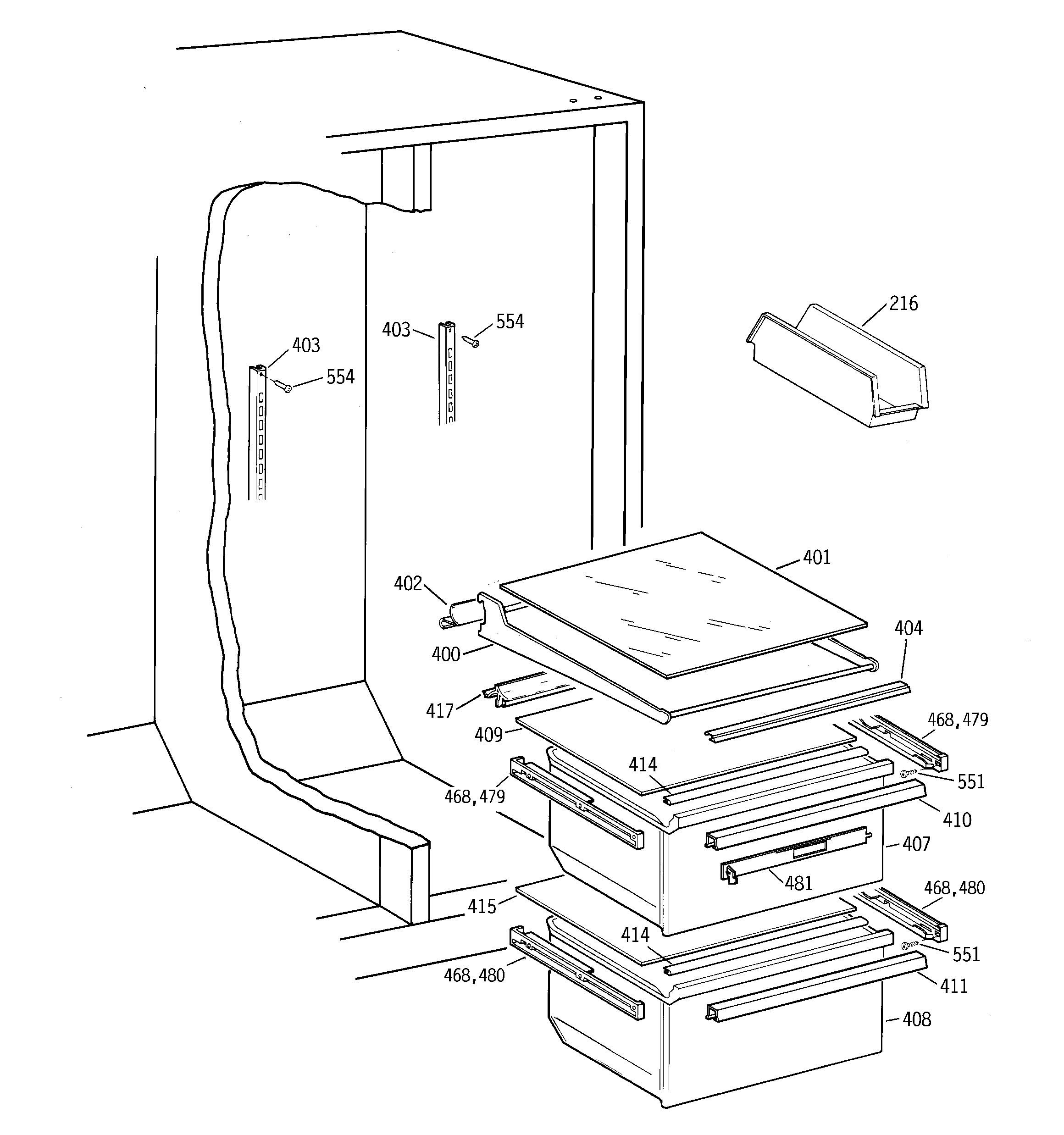 GE TFX25JRBBAA fresh food shelves diagram