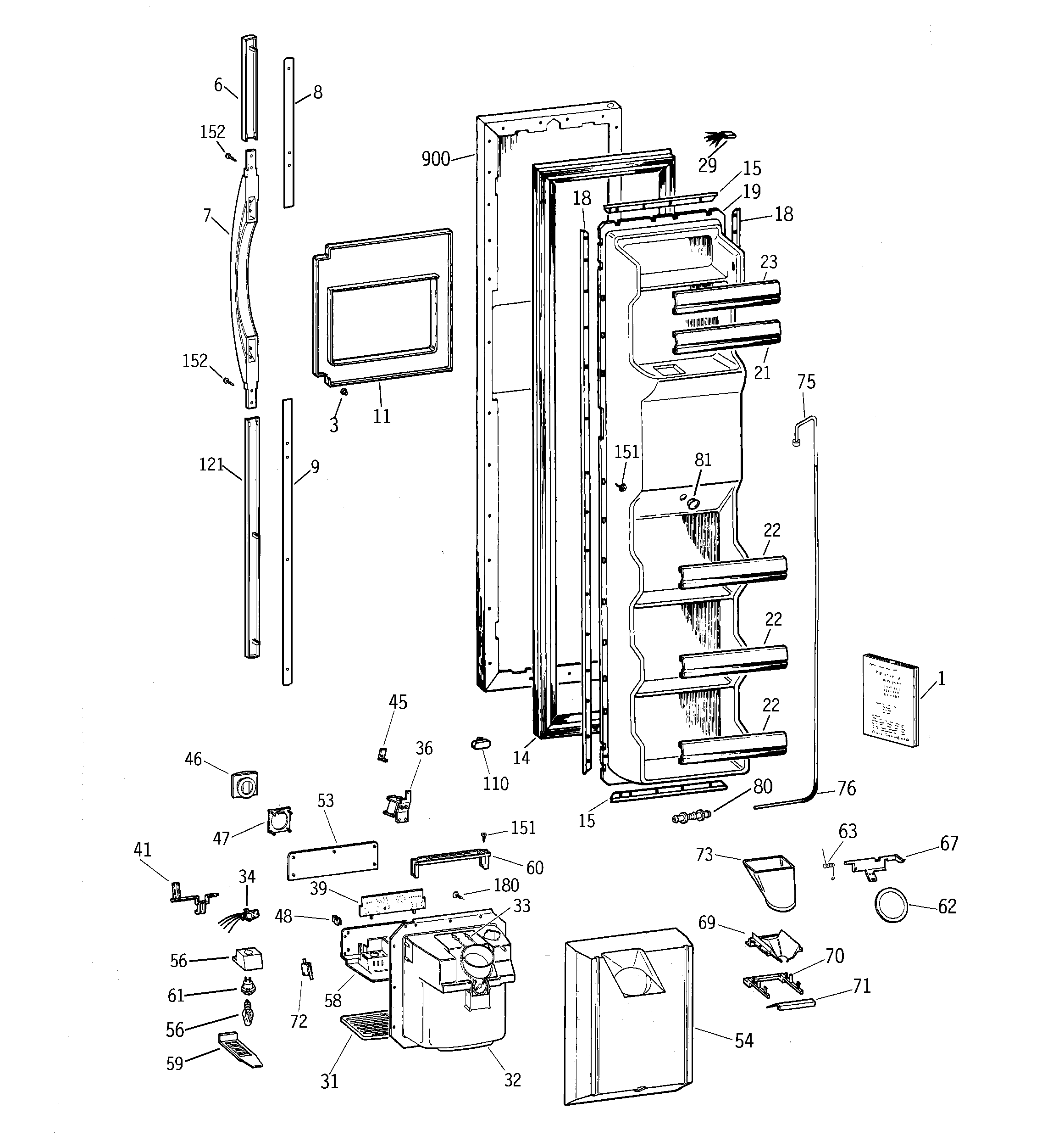 GE TFG25PRBBBB freezer door diagram
