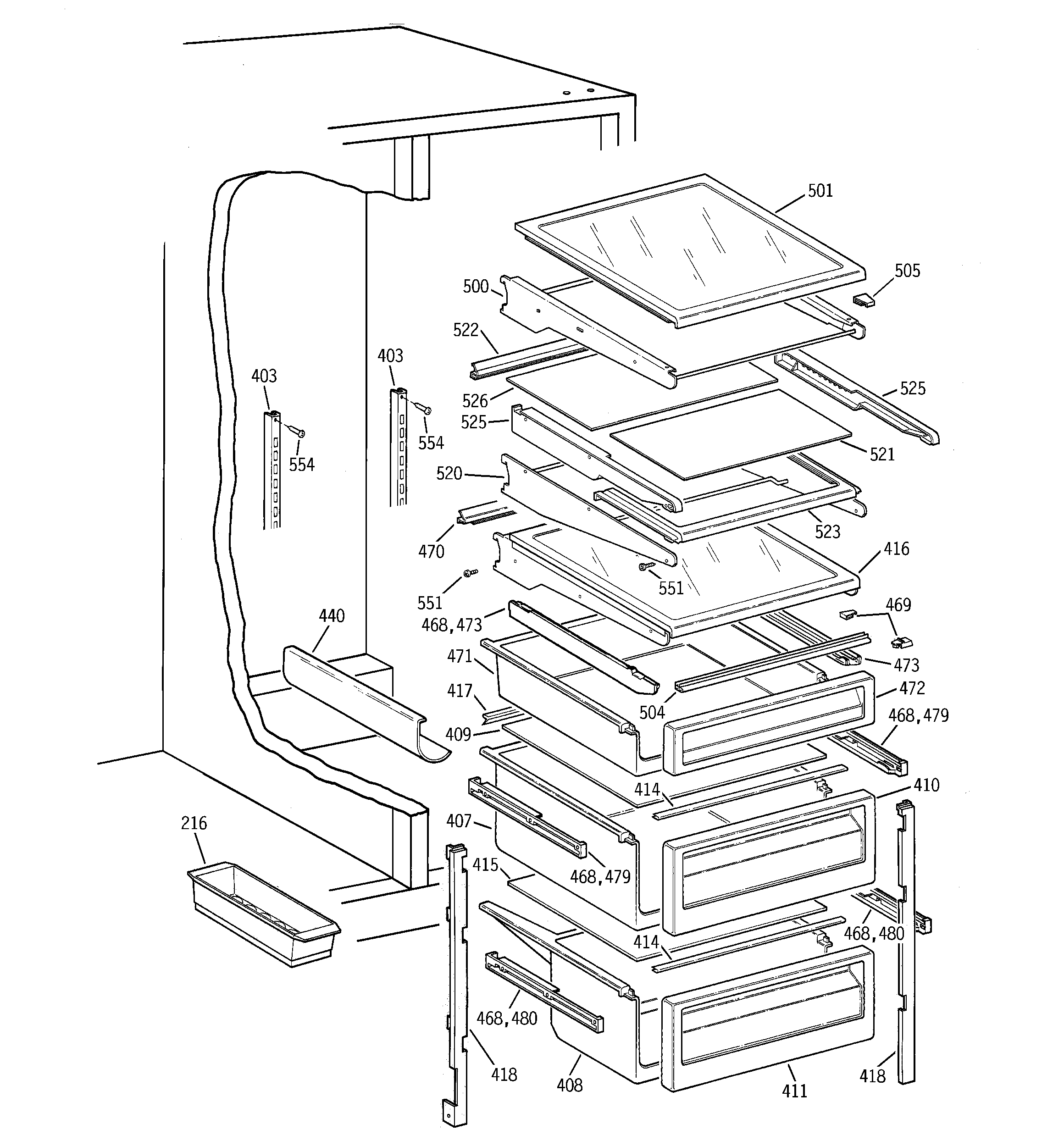 GE TFG25PRBBBB fresh food shelves diagram