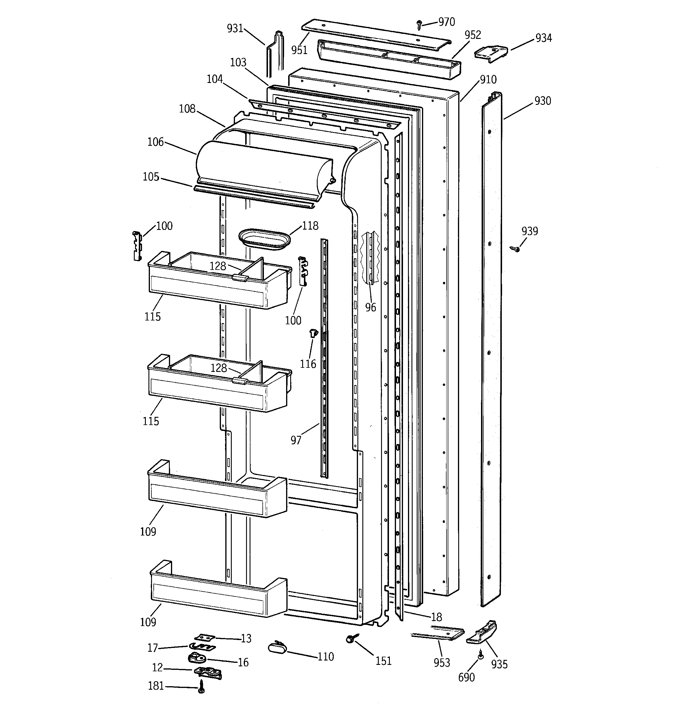 GE TPX21BRBBWW fresh food door diagram