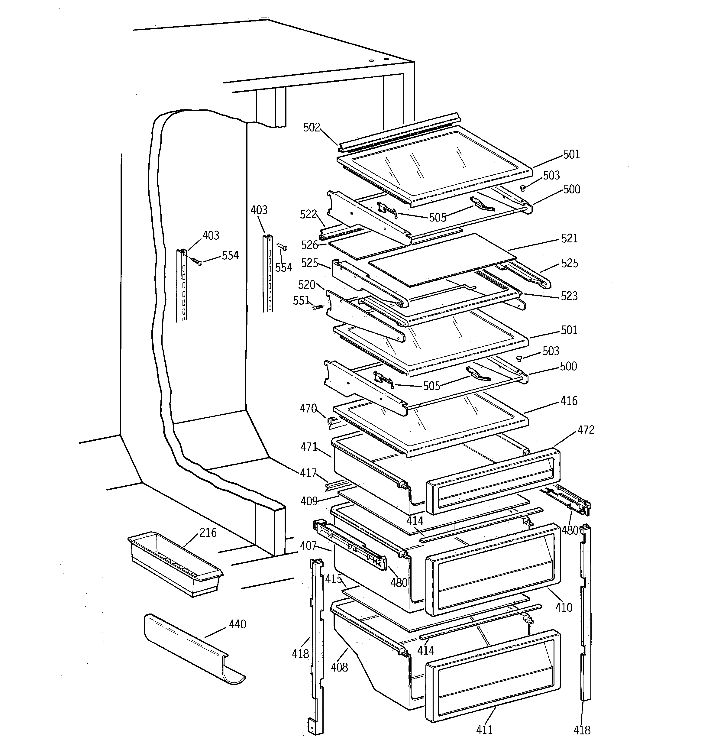 GE TPX21BRBBWW fresh food shelves diagram
