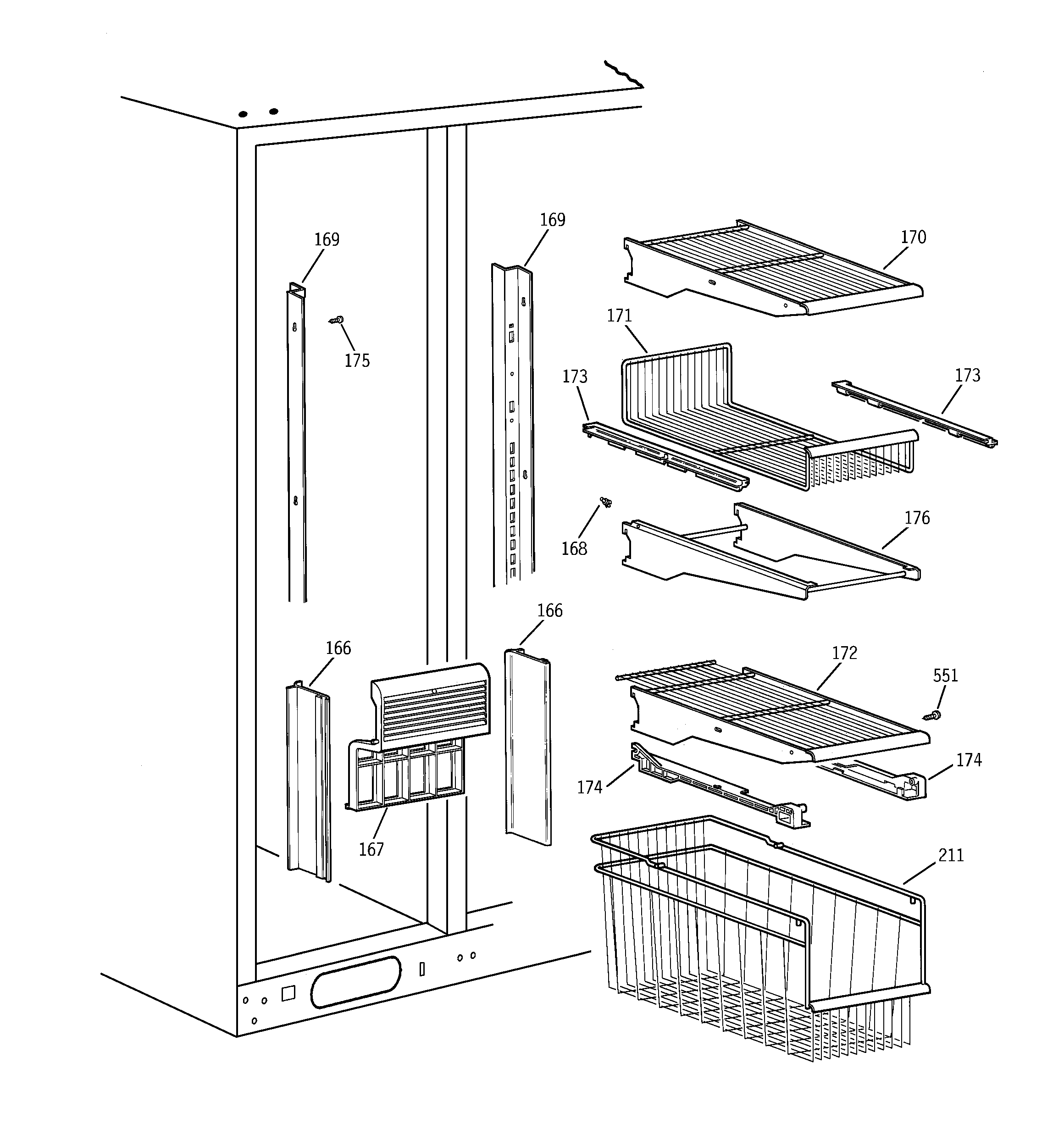 GE TFG28PFBBWW freezer shelves diagram
