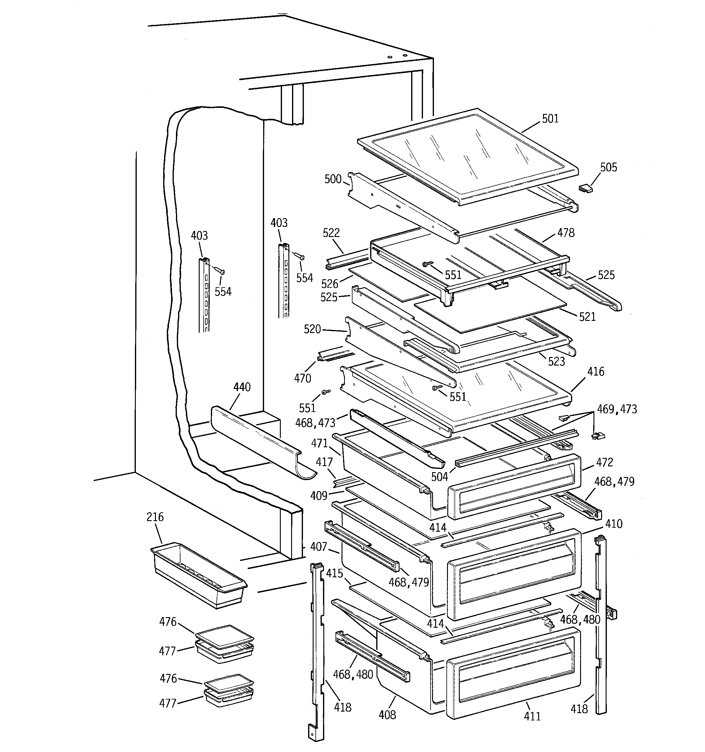 GE TFG28PFBBWW fresh food shelves diagram