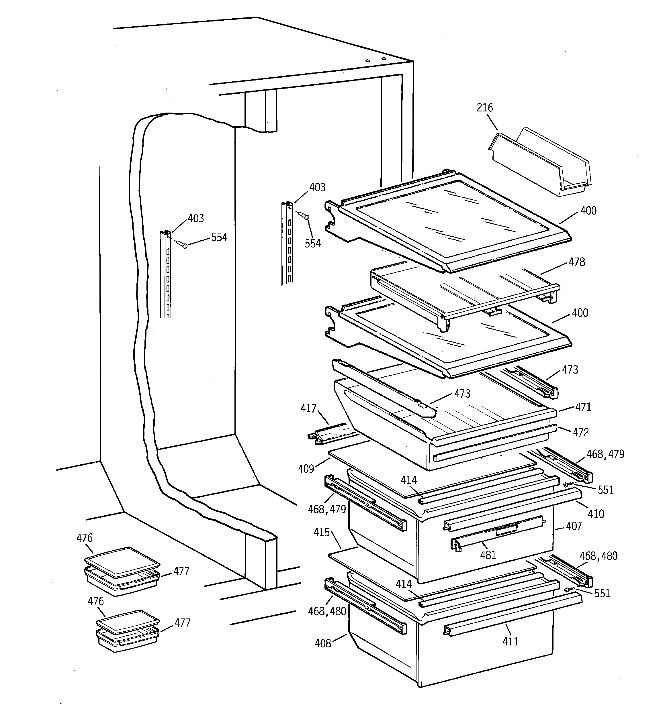 GE TFG28ZFBBWH fresh food shelves diagram