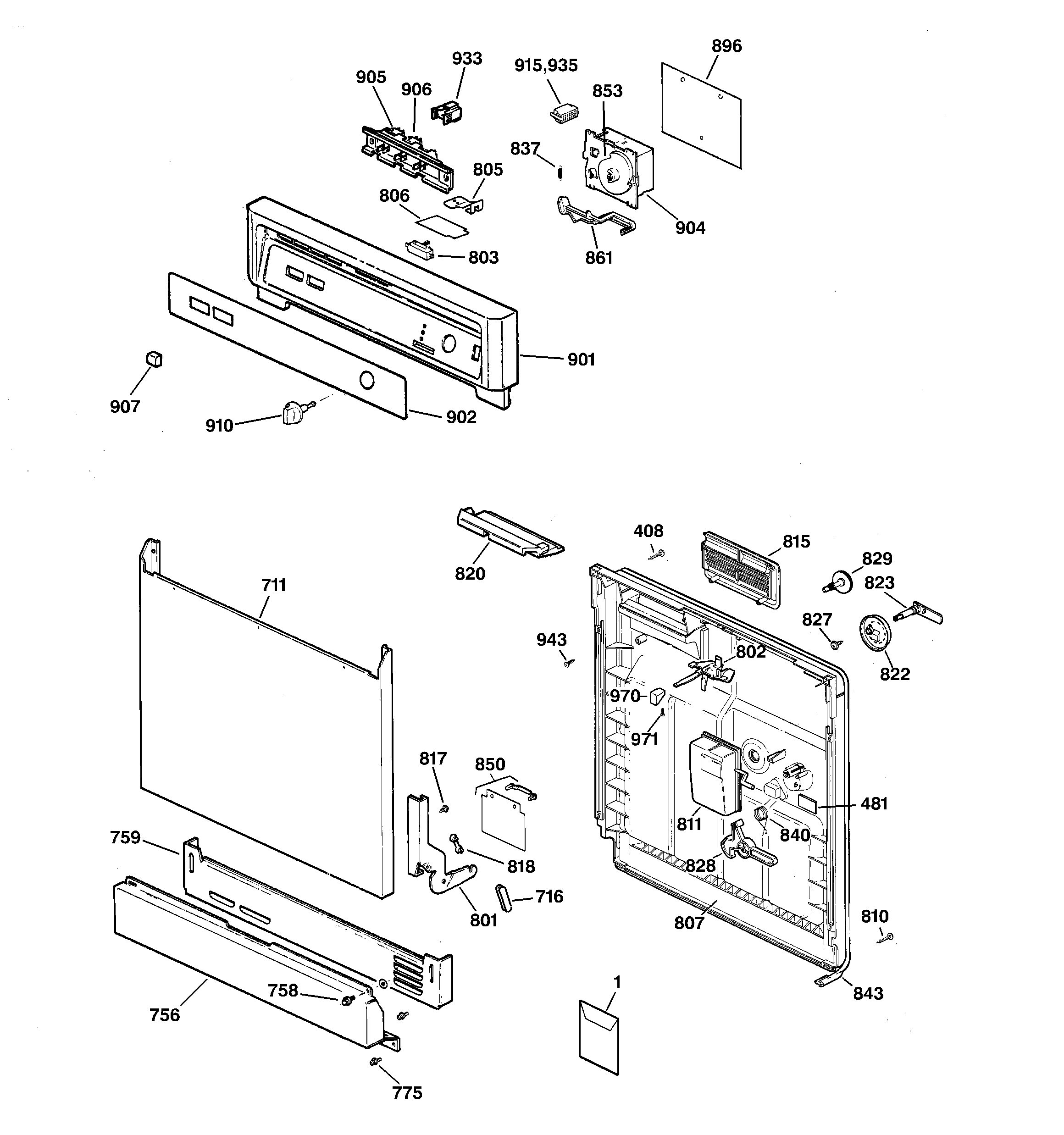 GE GSD3130C02WW escutcheon & door assembly diagram