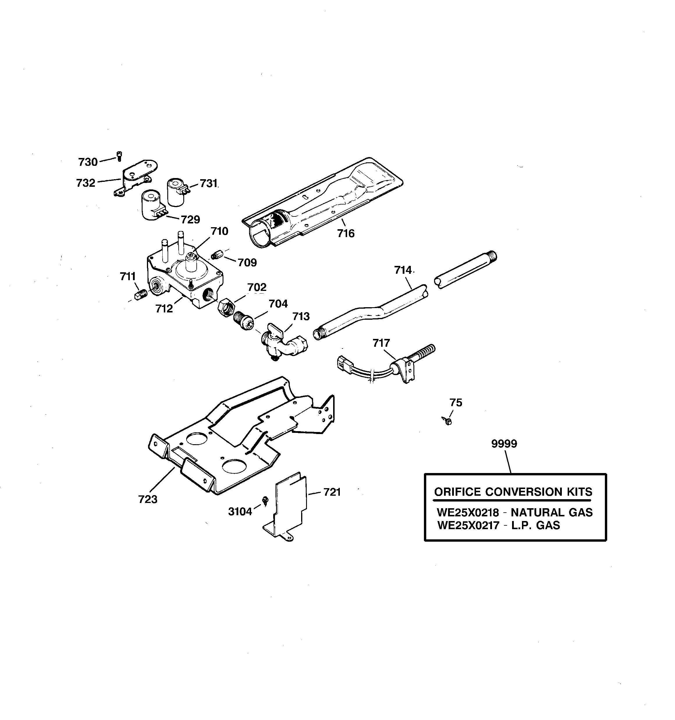 GE DNXR473GW0WW gas valve & burner assembly diagram