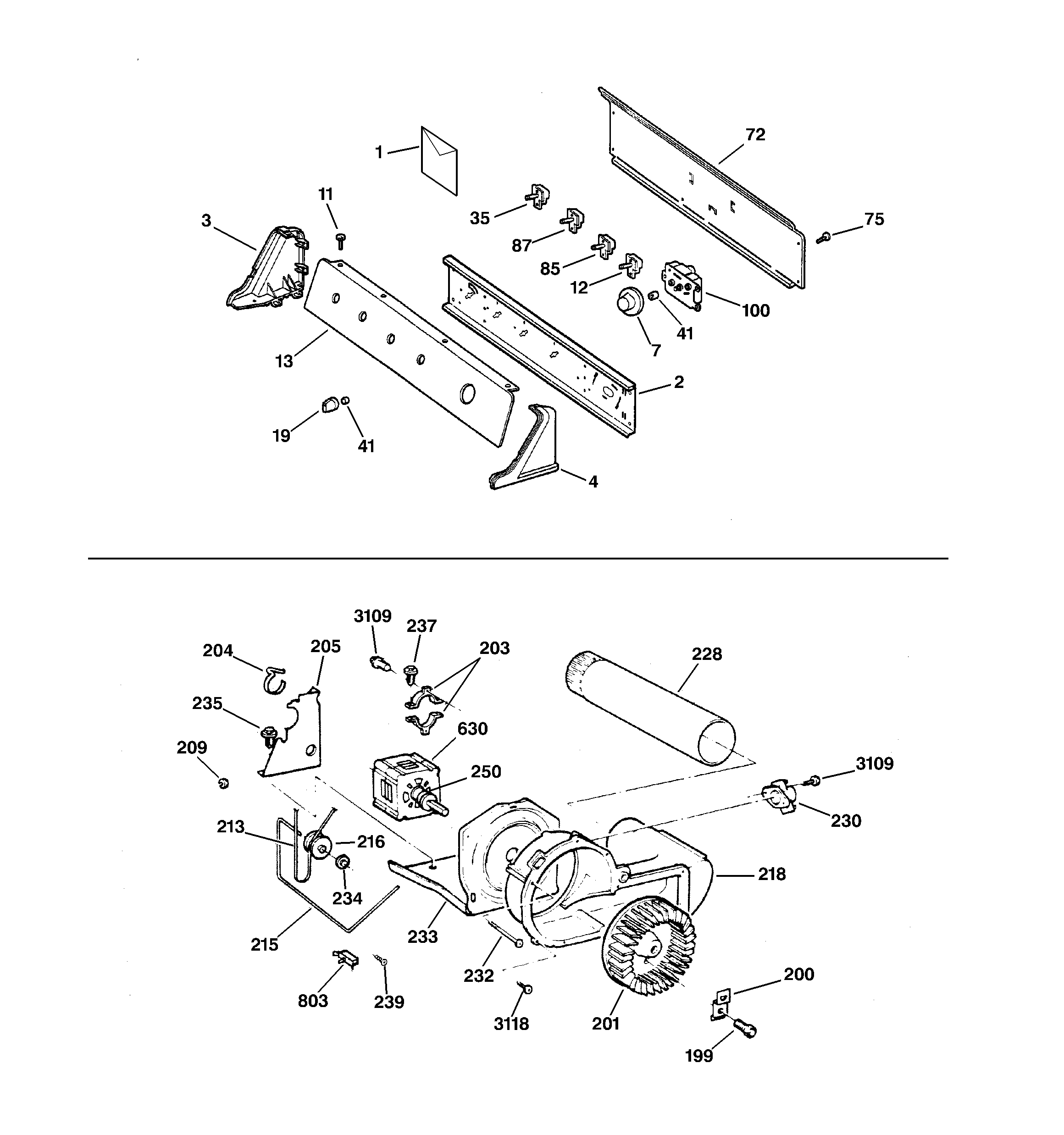 GE DNSR473GW0AA backsplash, blower & motor diagram